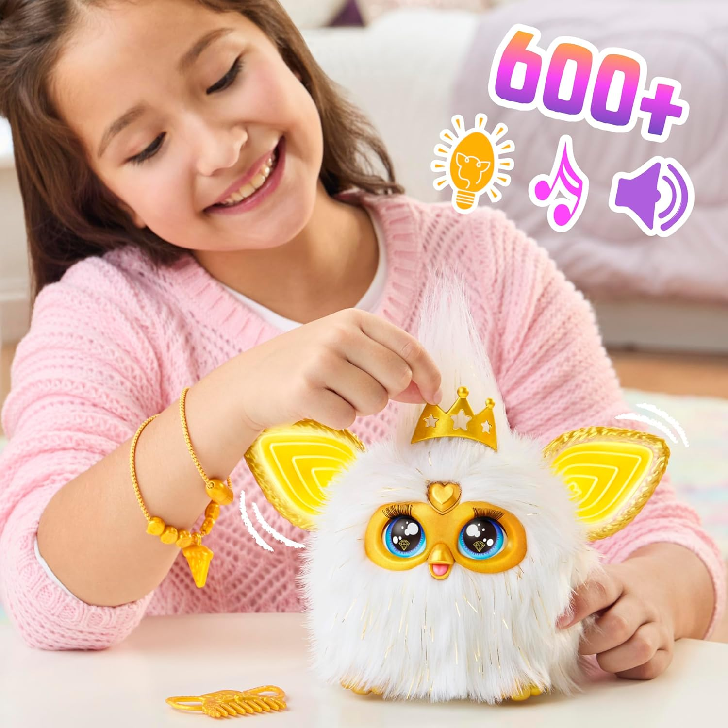 Furby Gold Glam Interactive Plush Toys for 6 Year Old Girls & Boys & Up, Voice Activated Animatronic, Speaks English & Furbish, White image number 2