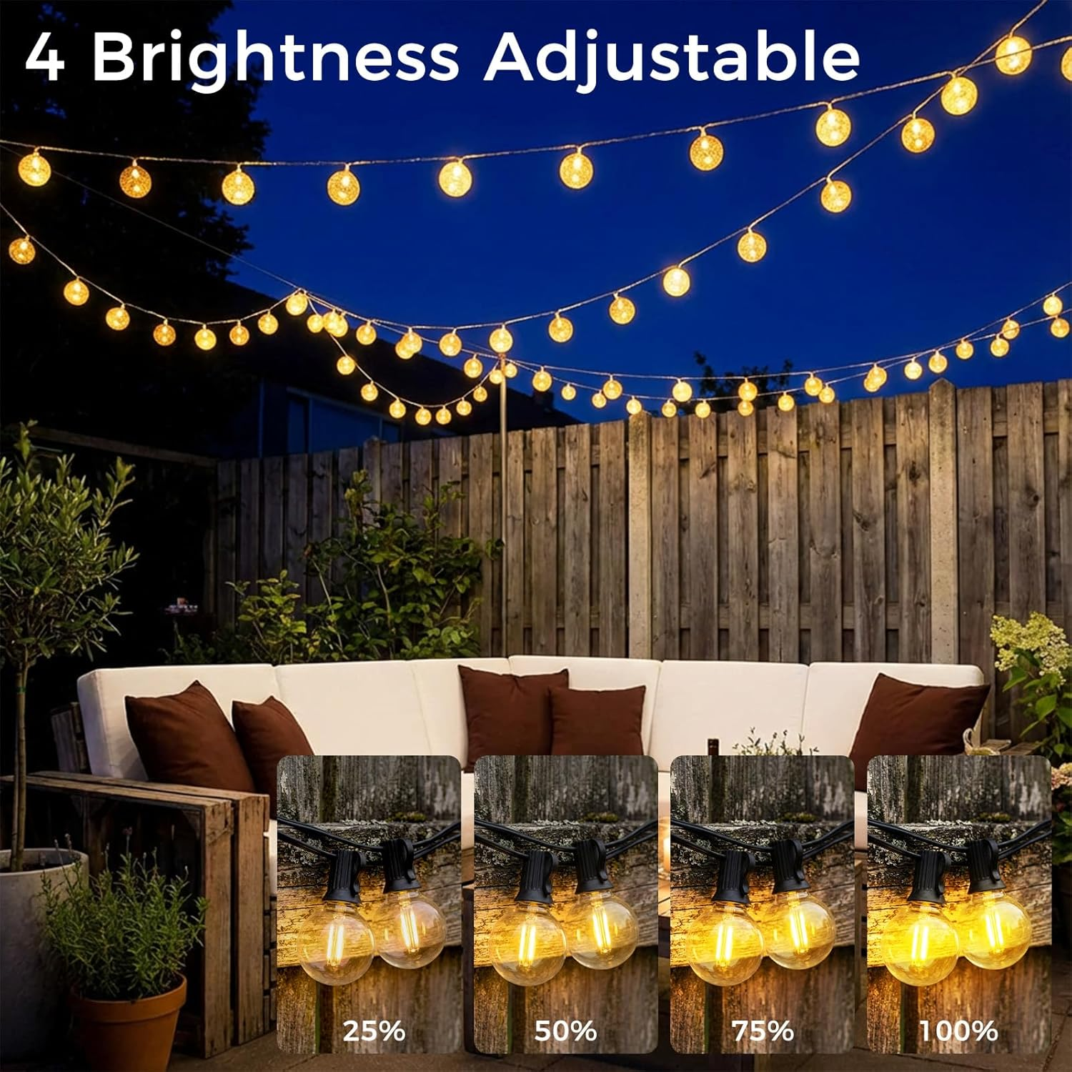Advwin Festoon Lights Outdoor, 30M String Lights with 50+2 LED Bulbs, Solar String Lights, 4 Lighting Modes, Timer & Memory Function, Waterproof Solar Lights, for Christmas, Garden, Party, Camping