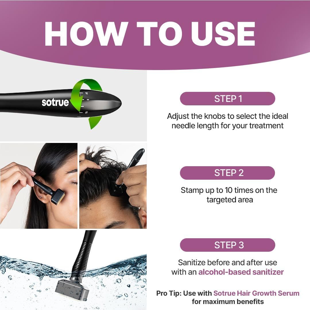 Sotrue Hair Growth Derma Stamp, Titanium Coated Adjustable Needles 0.25Mm to 3Mm, 140 Microneedling Stamp for Skin Repair, Face, Hair & Beard Growth, Safe & Effective to Use, Reduces Acne Scars image number 2