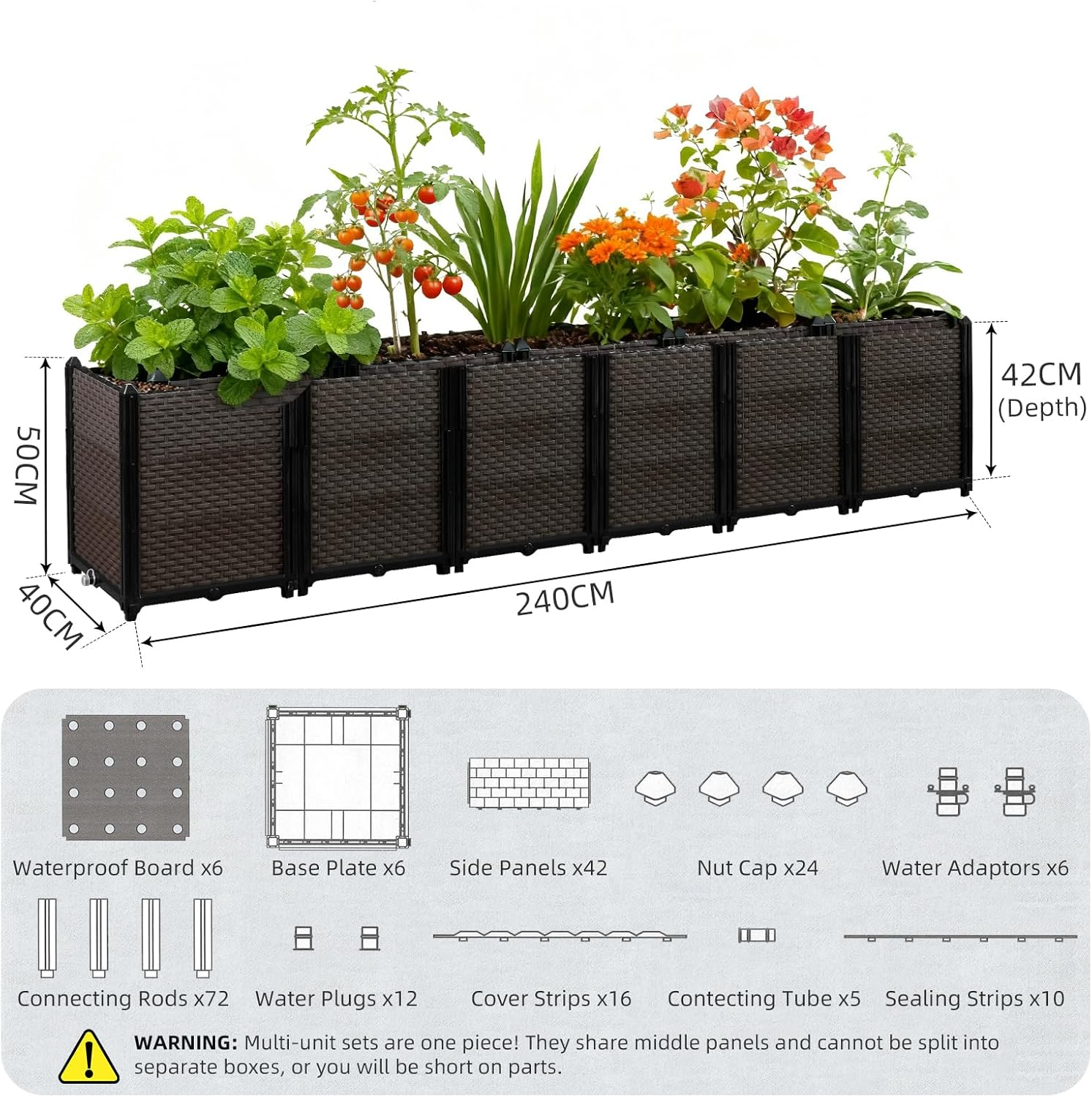 Giant Raised Planter Box 240X40X50Cm, Self Watering Garden Bed, Deep Elevated Planter with Rattan Pattern, Weather Resistant PP, Perfect for Patio Balcony Deck image number 4