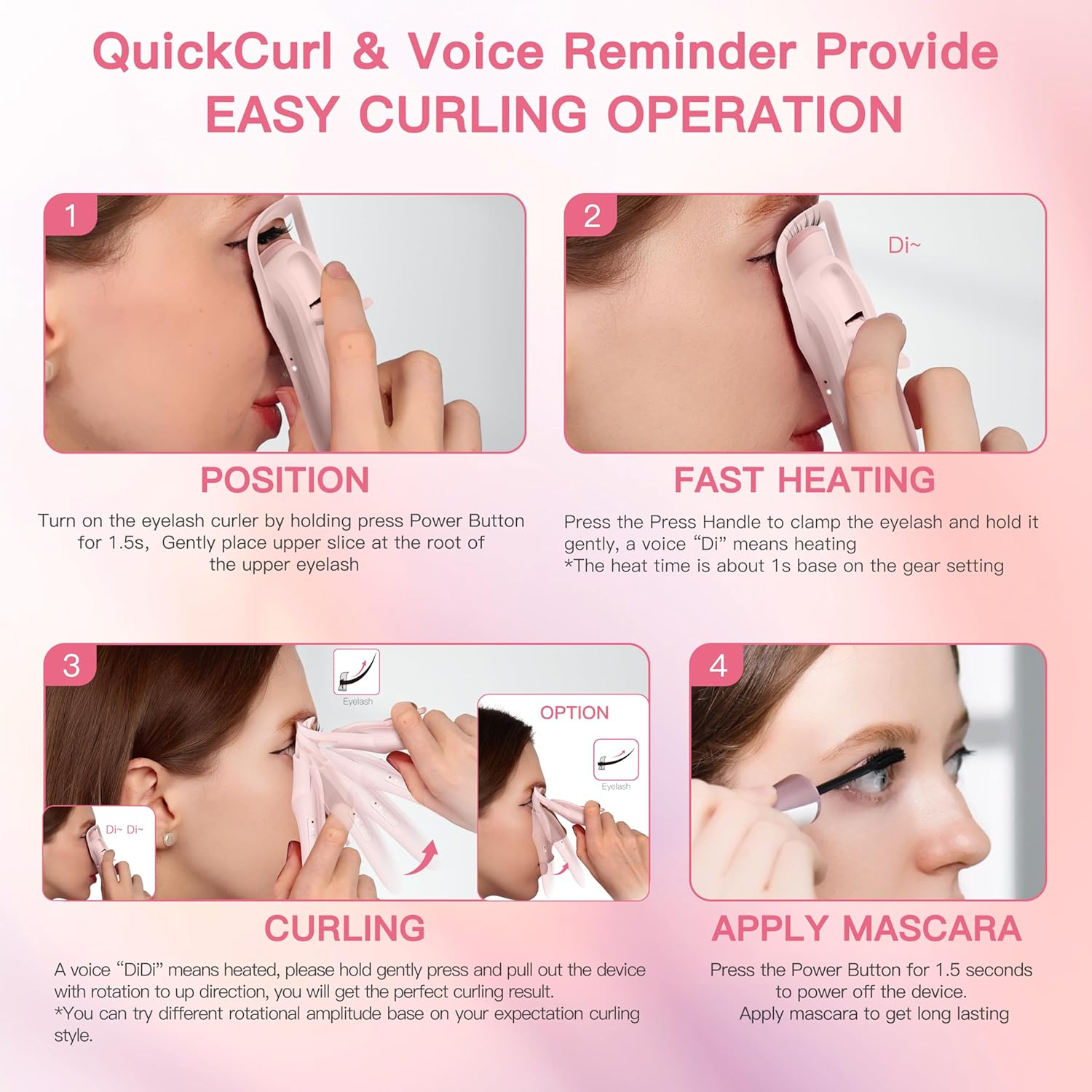 Heated Eyelash Curler Innovative, Quickcurl 1S Heat Up, Natural Eyelash Curler 70&deg;C/85&deg;C Adjustable Heat (Pink) image number 5