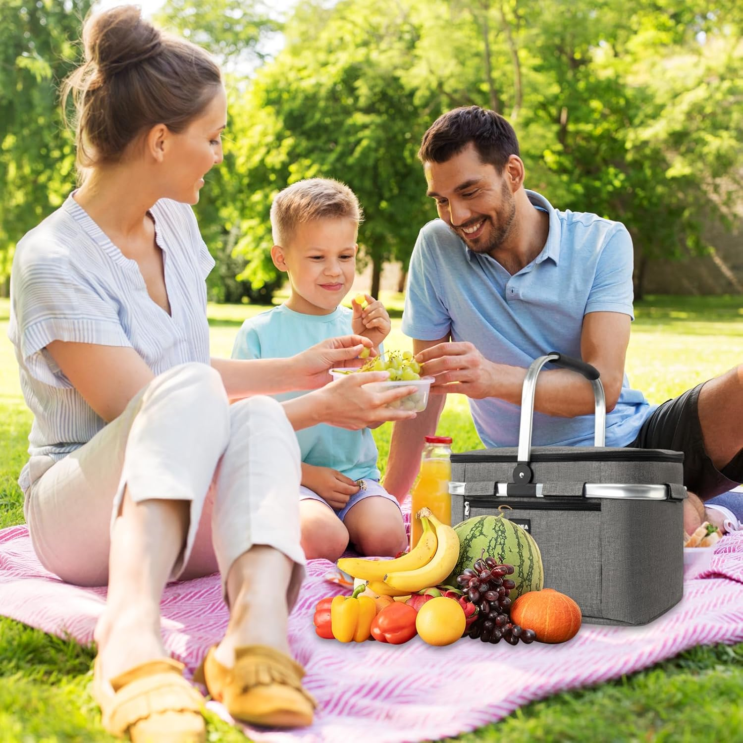 Large Insulated Picnic Basket, 29L Collapsible Cooler Tote with Handle and Lid, Reuasble Leakproof Thermal Shopping Travel Bag for Outdoor, BBQ, Camping, Delivery (Navy Blue) - Grey image number 2