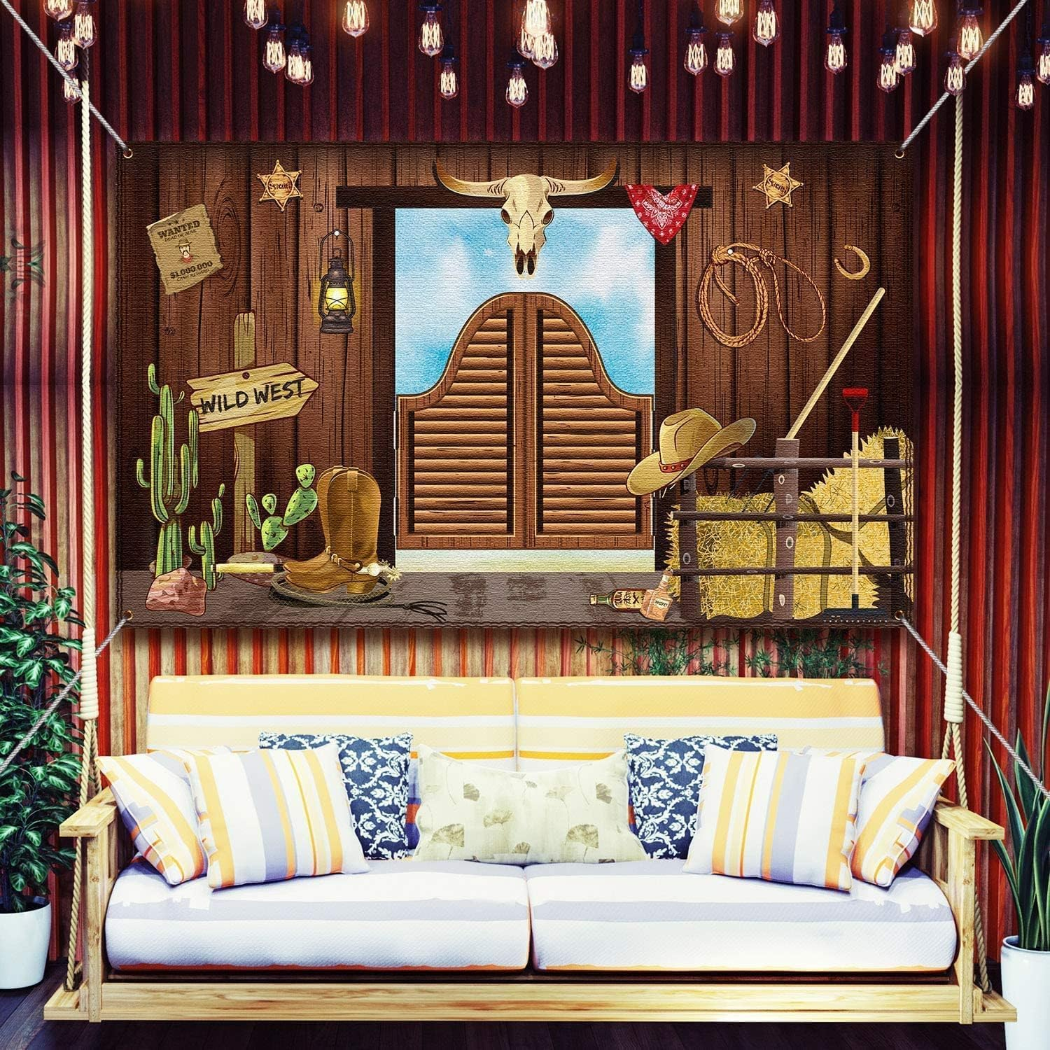 Western Party Supplies, Large Fabric Saloon Yeehaw Western Scene Setters for Western Themed, Wooden House Barn Banner Cowboy Decoration Photo Booth Backdrop Background image number 6
