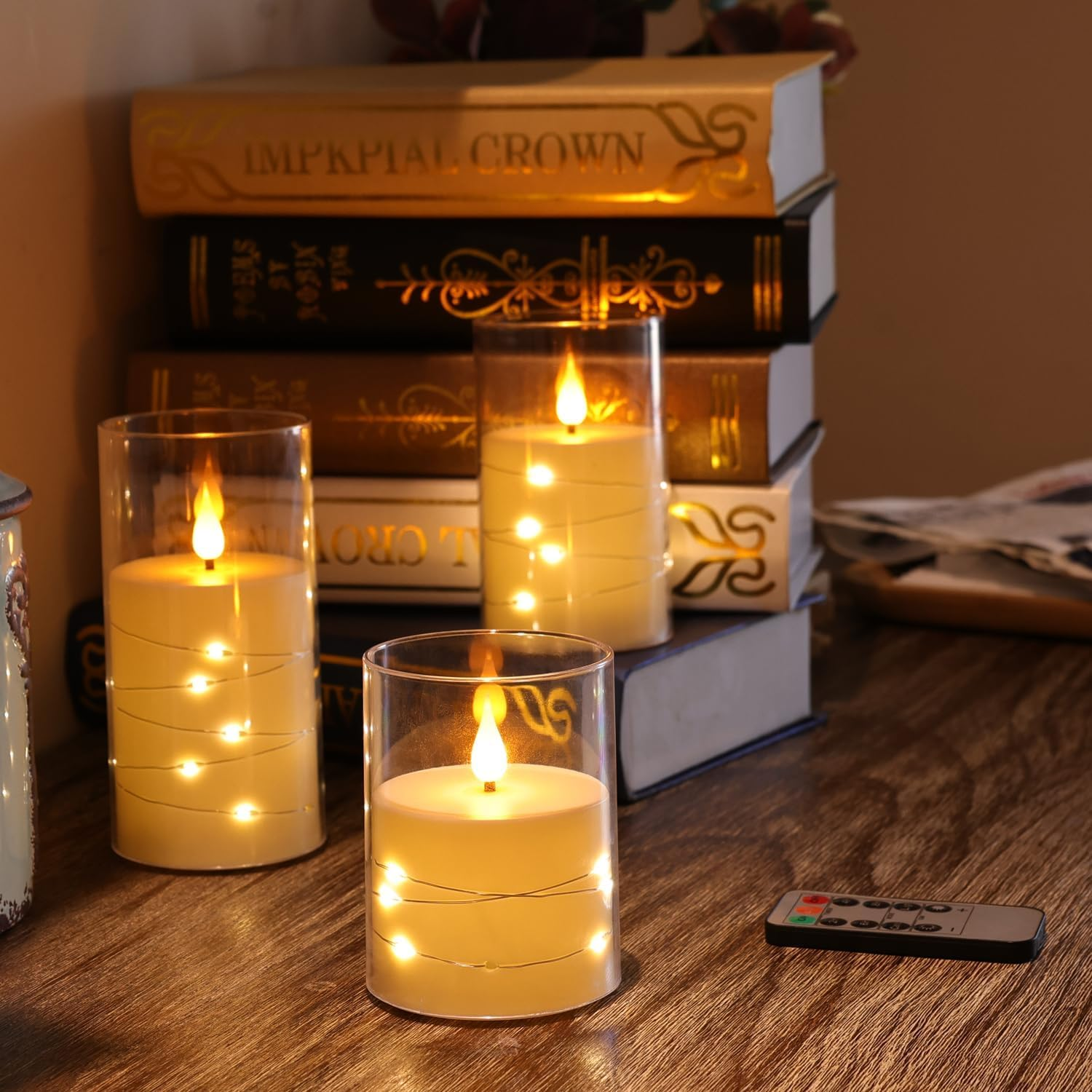 Flickering Flameless Candles: Built-In Star String Lights Unbreakable 3D Wick Acrylic Battery Operated LED Pillar Candles with Remote (White, 4" 5" 6")