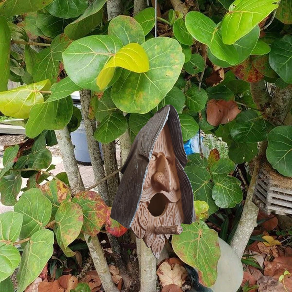 AIMALL 10.23 Inch Resin Birdhouse, Unique Face Design, Decorative Art, Hanging Bird Nest for Courtyard and Garden Decor