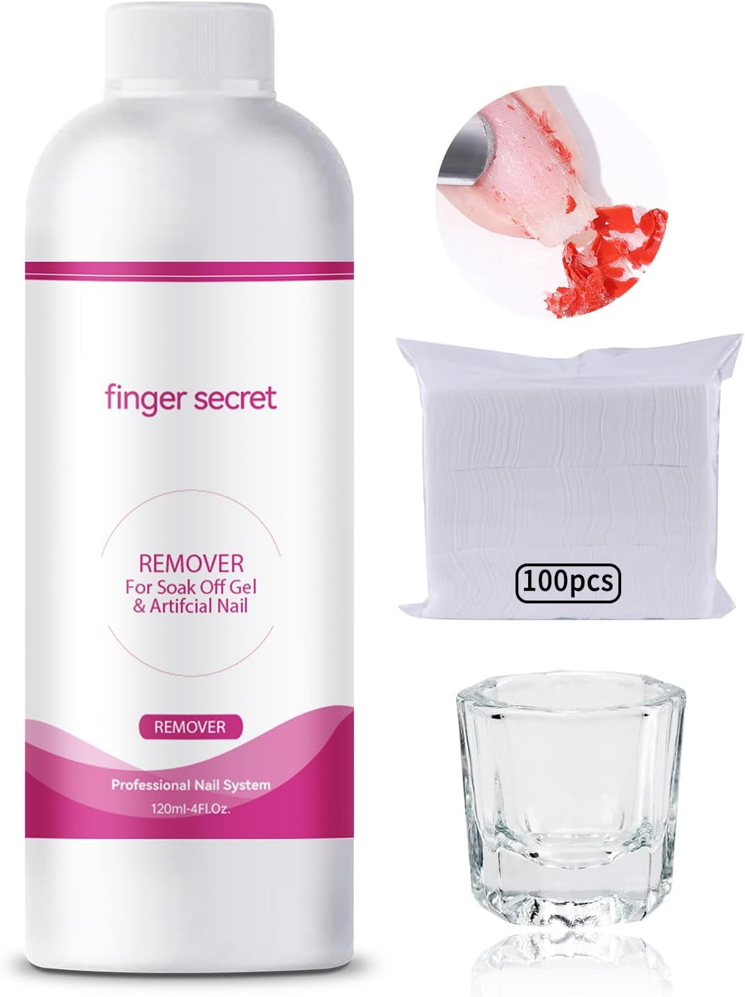 Gel Nail Polish Remover Kit Nail Polish Gel Remover 120Ml & Nail Brush Cleaner 120Ml Professional Gel Remover Quickly Clean Nail Brushes with Glass Cup Nail Cleaning Pads for Nails