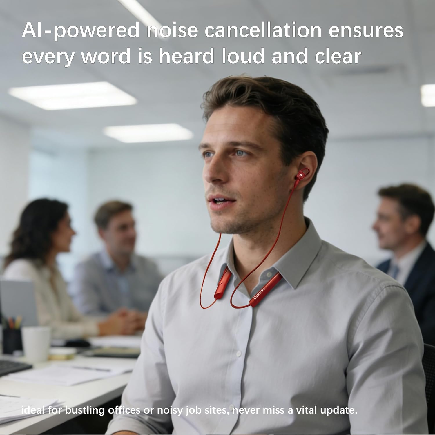 Essonio Neckband Bluetooth Earbuds with Mic Hybrid Active Noise Cancelling, 36H Playtime, IPX5 Waterproof, Comfortable Magnetic Sport Headphones for Running, Working, Traveling image number 1