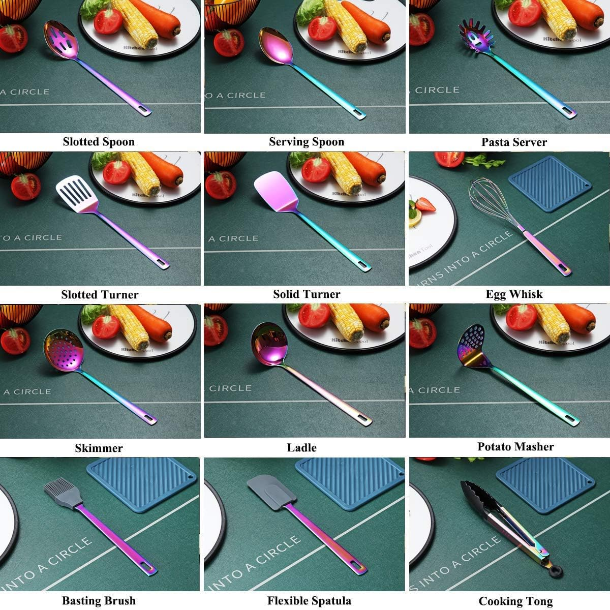 Rainbow Kitchen Utensils Set,13 Pieces Stainless Steel Cooking Utensils Set with Titanium Rainbow Plating,Kitchen Tools Set with Utensil Holder for Non-Stick Cookware Dishwasher Safe (13 Packs) image number 4