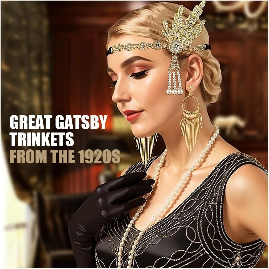 1920S Great Gatsby Accessories Set,Costume Accessories,Includes Headband, Necklace, Gloves, Earrings, Bracelet, Holder image number 6