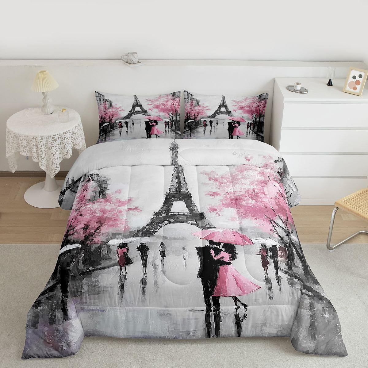Erosebridal Eiffel Tower Comforter Sets Full Size,Pink Flowers Umbrella Bedding Set for Kids Girls Teens Women,Romantic Paris Duvet Sets,Retro City Building down Comforter with 2 Pillow Cases Grey image number 2