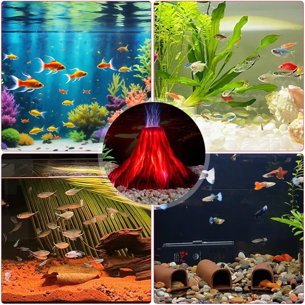 HIULLEN Aquarium Decoration Set, Fish Tank with Colourful LED Lights, Volcano Shape Air Bubble Stone, Bubbler Accessories