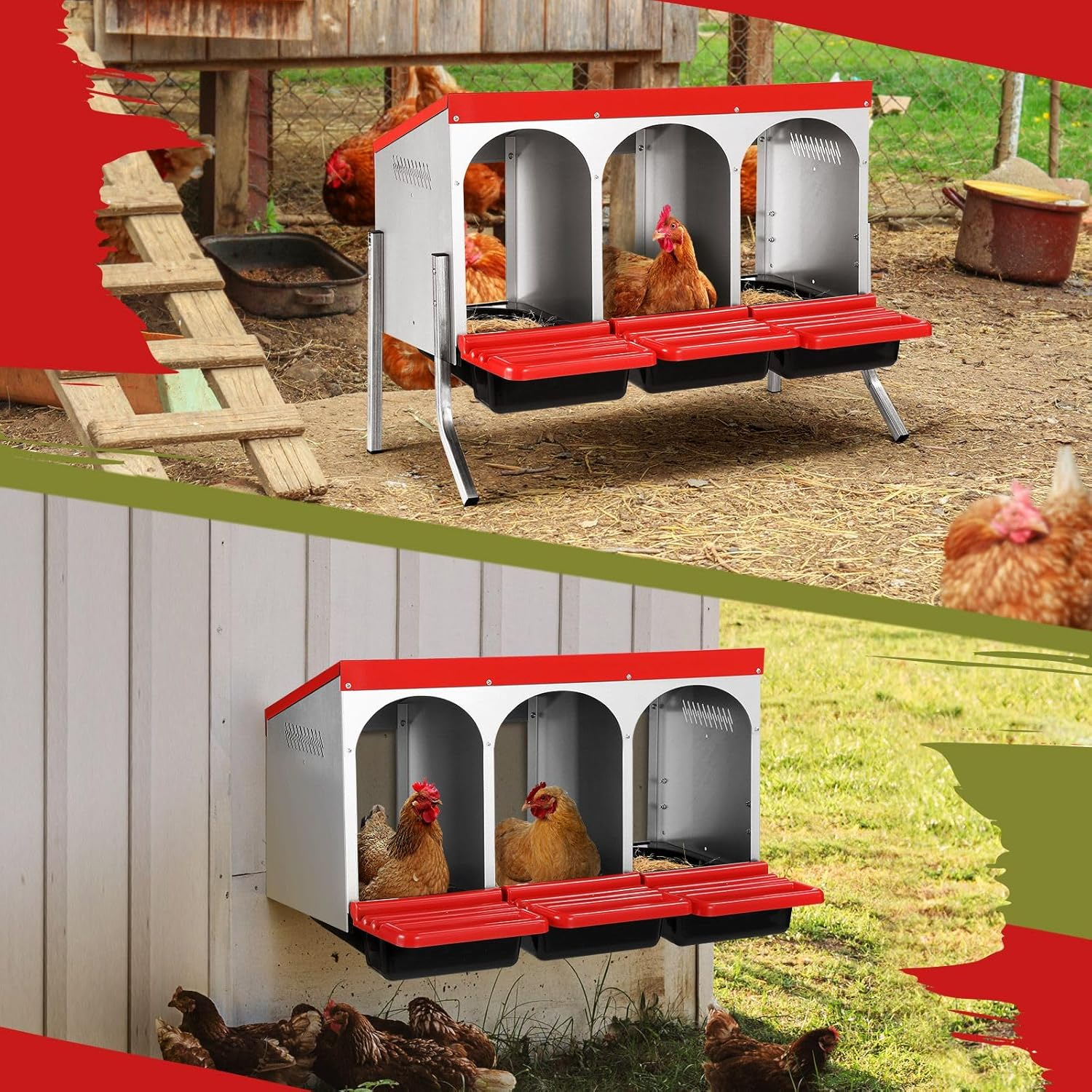 3 Hole Chicken Nesting Box Roll Away Hen Laying Nest Boxes Chook Coop Egg Brooder Poultry Roost Perch Galvanised Steel Plastic with Stand image number 2