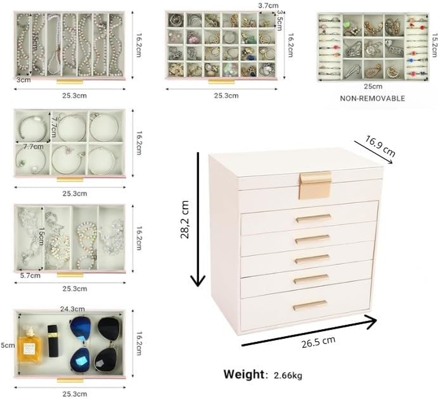 Large Jewelry Organizer Box for Women with Mirror &ndash; 6-Layer Storage Case with Drawers, Hooks & Dividers for Rings, Necklaces, Bracelets, Ideal for Women (White) image number 5