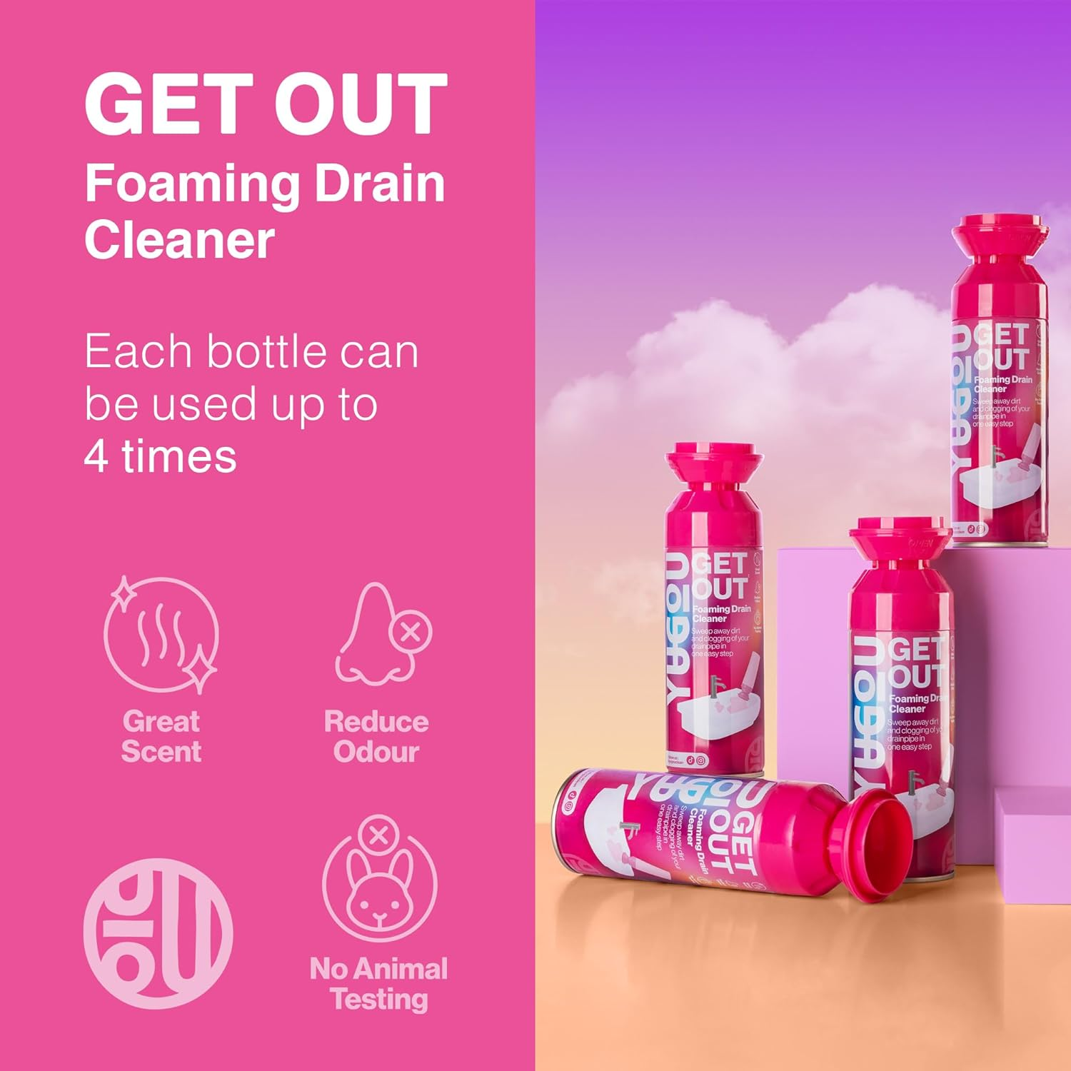 Yugou GET OUT Foaming Drain Cleaner 450Ml - Expanding Drain Foam Cleaner for Sink - Wash Away Dirt & Odour - No Chlorine - Clean & Deodorise - Easy to Use - Refreshing Scent - Use up to 4 Times image number 2