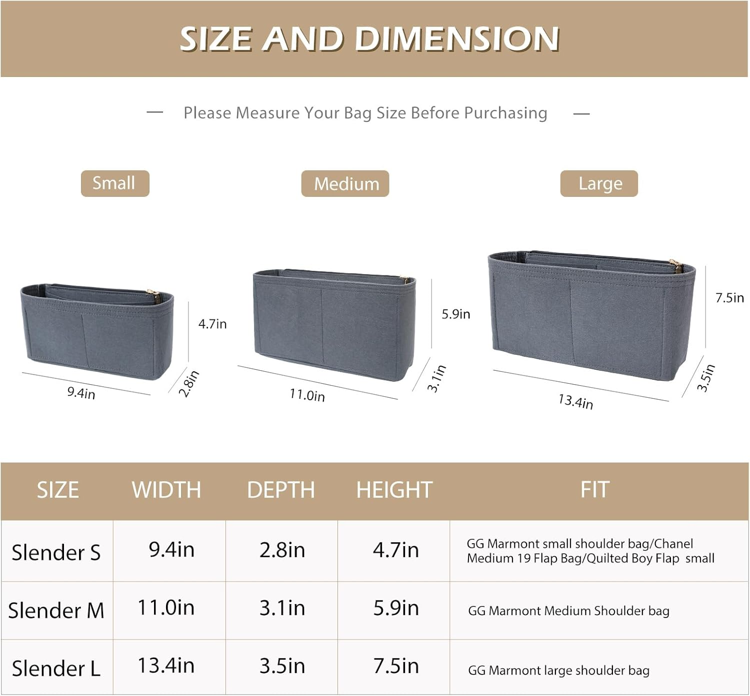 Surblue Purse Organizer Insert for Handbags, Felt Bag Organizer with Zippers Handbag Shaper Pouch for Classic 19 Flap Bag, Marmont, Onthego,（Grey, Slender M） image number 3