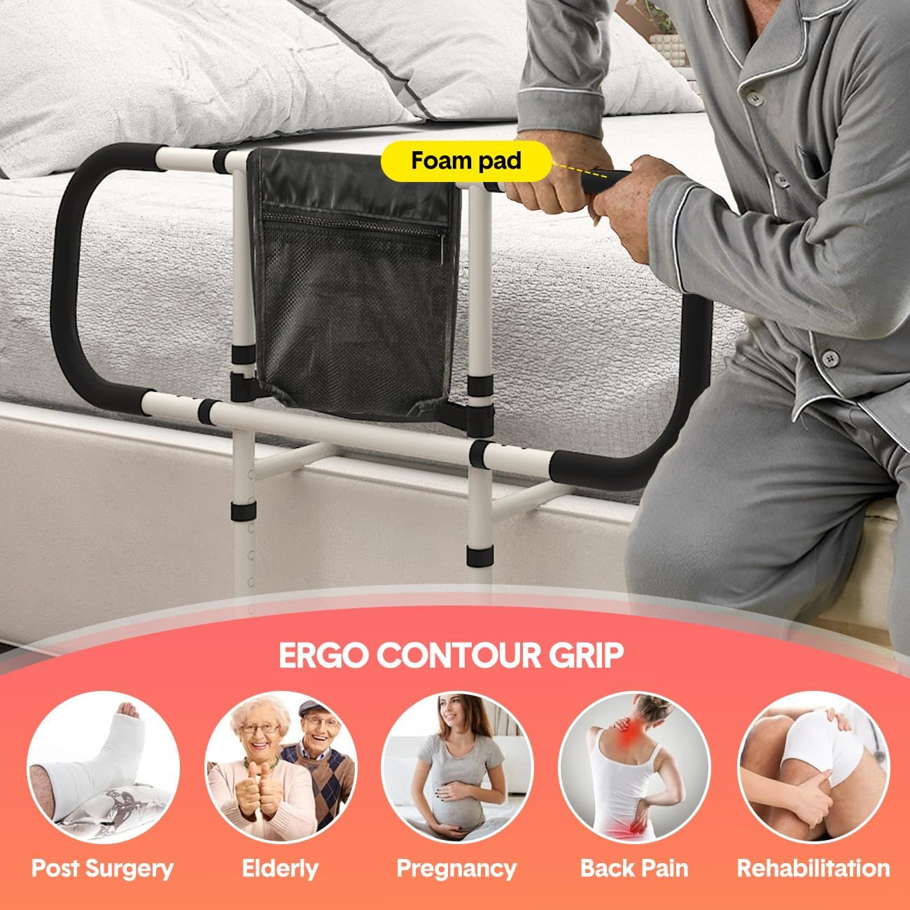 Bed Rails for Elderly Adults Safety Assistance, Bed Guardrails for Elderly Stand Adjustable Width and Height, Foldable Bedside Support Rail Bed with Pocket and Grab Bar image number 6