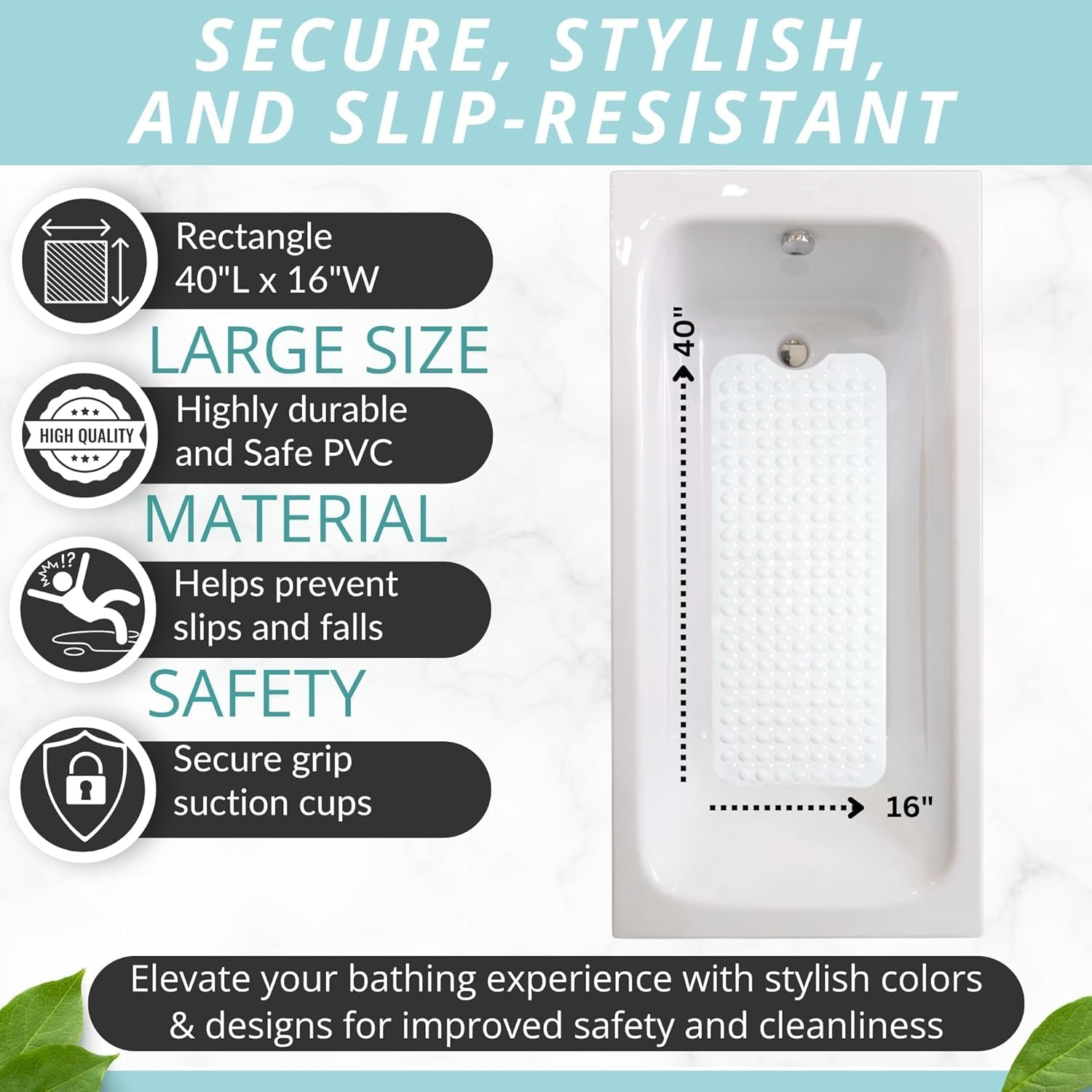 Extra Long Non-Slip Bath & Shower Mat (100Cm X 40Cm), Soft PVC Antibacterial Bathmat for Tub with Drain Holes, Quick-Dry, Secure Safety Mat for Elderly, Kids, Adults, Machine Washable (White) image number 5