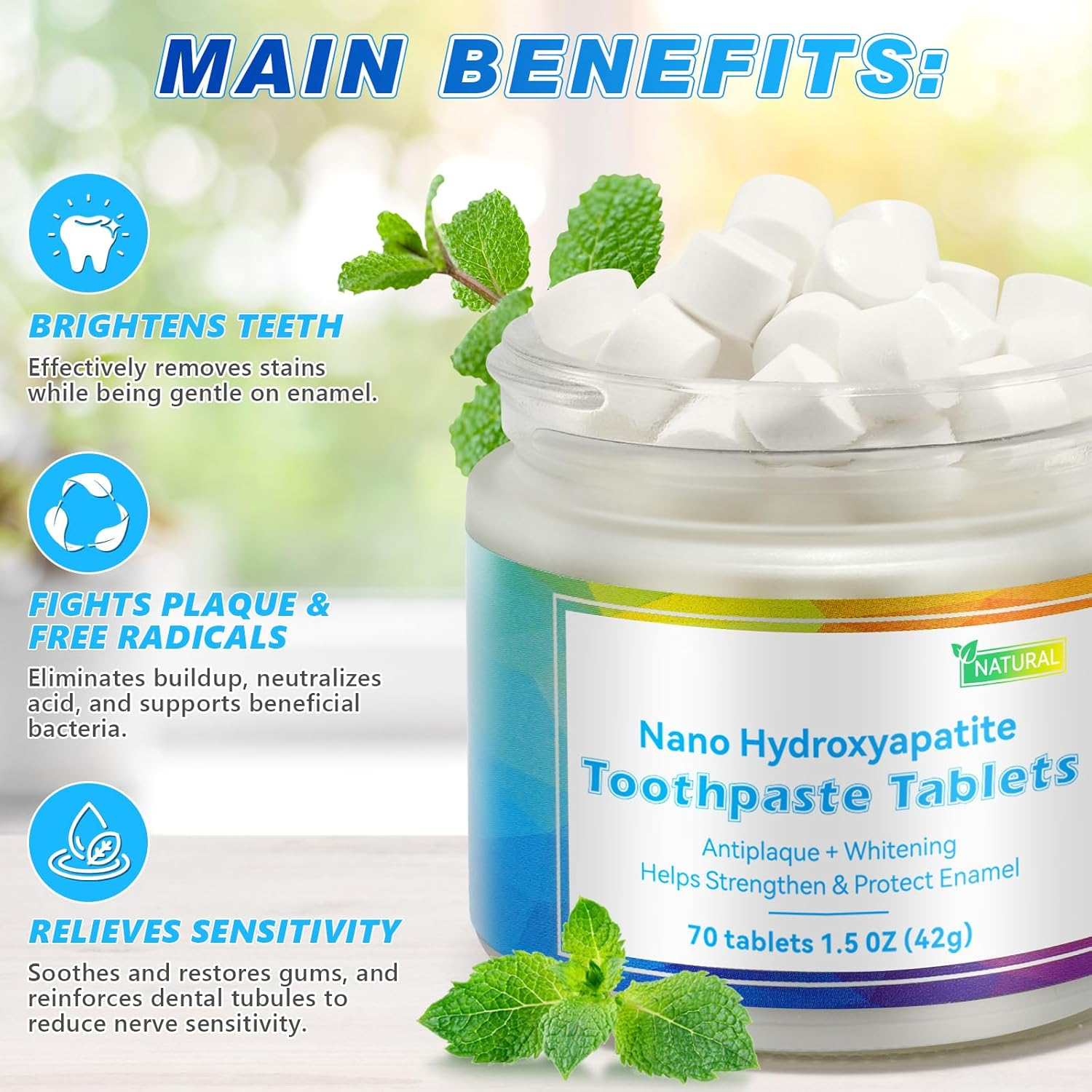 Toothpaste Tablets, Nano Hydroxyapatite, Coconut Oil, Mint Flavor, 70 Count, Tooth Cleaning Agent, Tablet Form, Travel Size, Strengthens Enamel, Fights Plaque, Freshens Breath image number 6