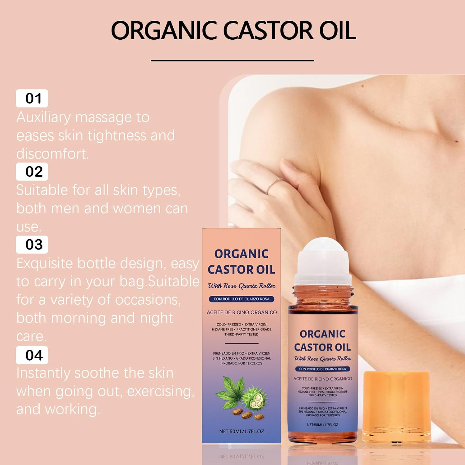 Organic Castor Oil with Rose Quartz Roller, Cold Pressed, Organic Castor Oil Roller Ball, 1.7 Fl Oz, Hexane Free, Nourishing Skin, for Face, Tummy, Body and Skin, Amber Glass Bottle (5PCS) - 3Pcs image number 2