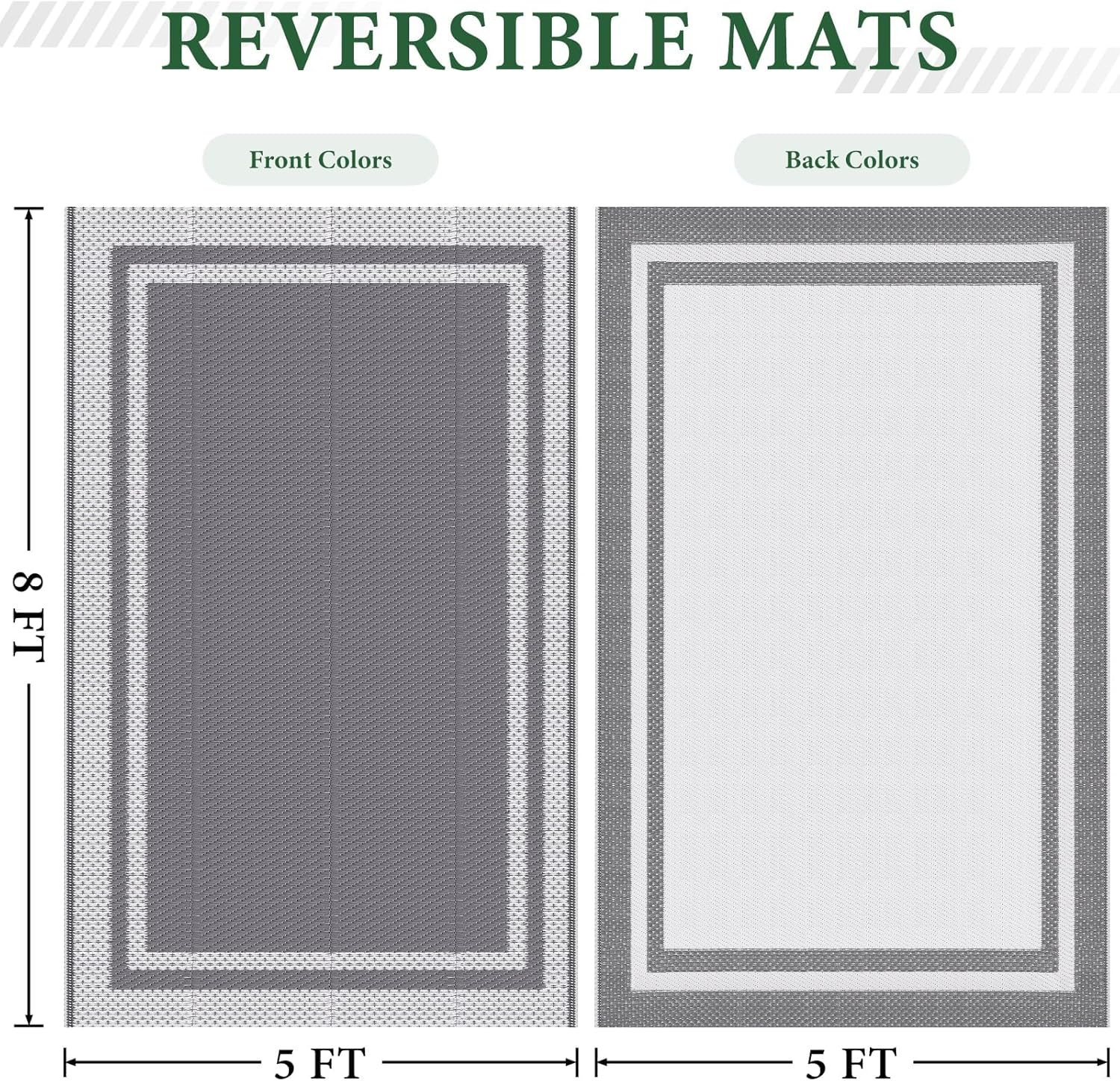 Happytrends Outdoor Rug Reversible Portable Plastic Straw Camping Rugs for outside Rv,Large Waterproof Outdoor Area Rugs for Patio,Deck,Porch,Balcony(5'X 8',White&Gray) image number 4