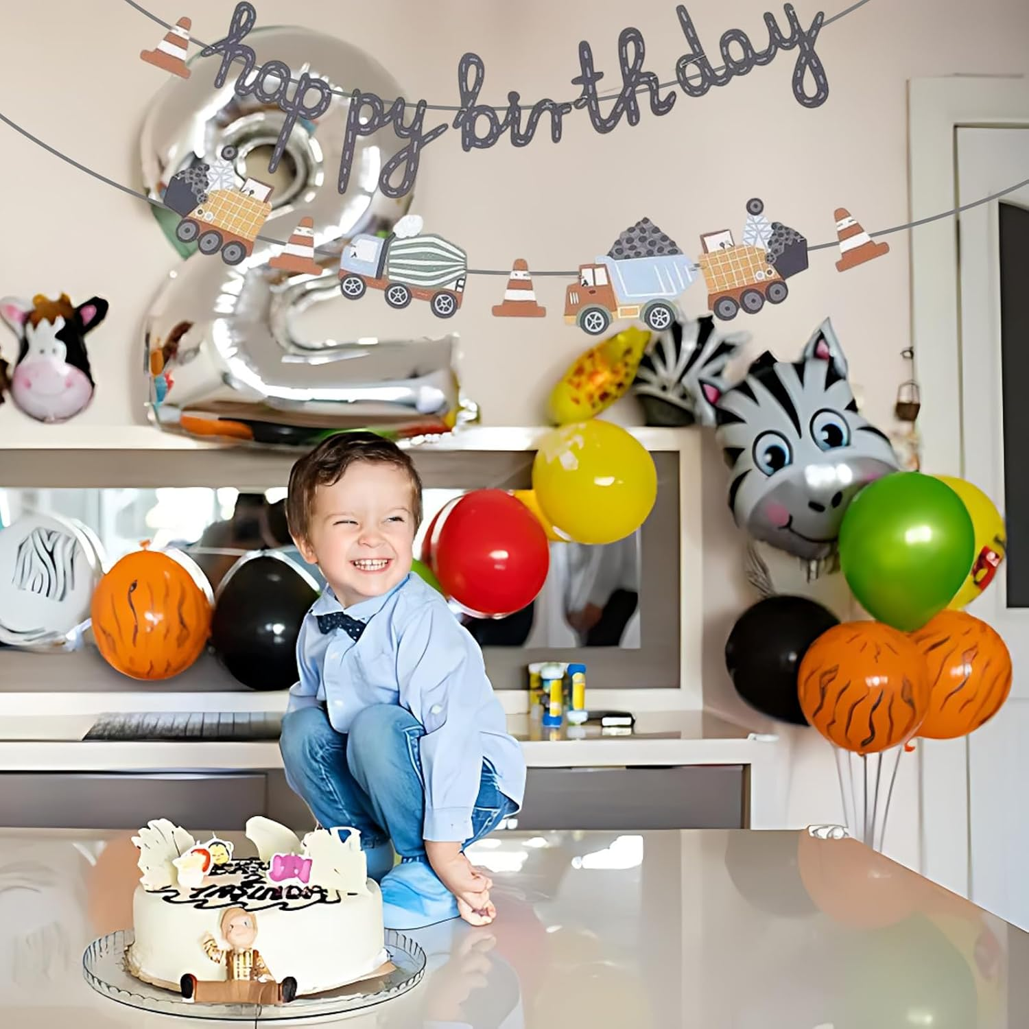 Construction Site Party Chain, Cute Happy Birthday Colourful Vehicles, Birthday Garland Construction Site Boy with Truck Crane Concrete Mixer, Children'S Birthday Decoration Hanging Chain For image number 5