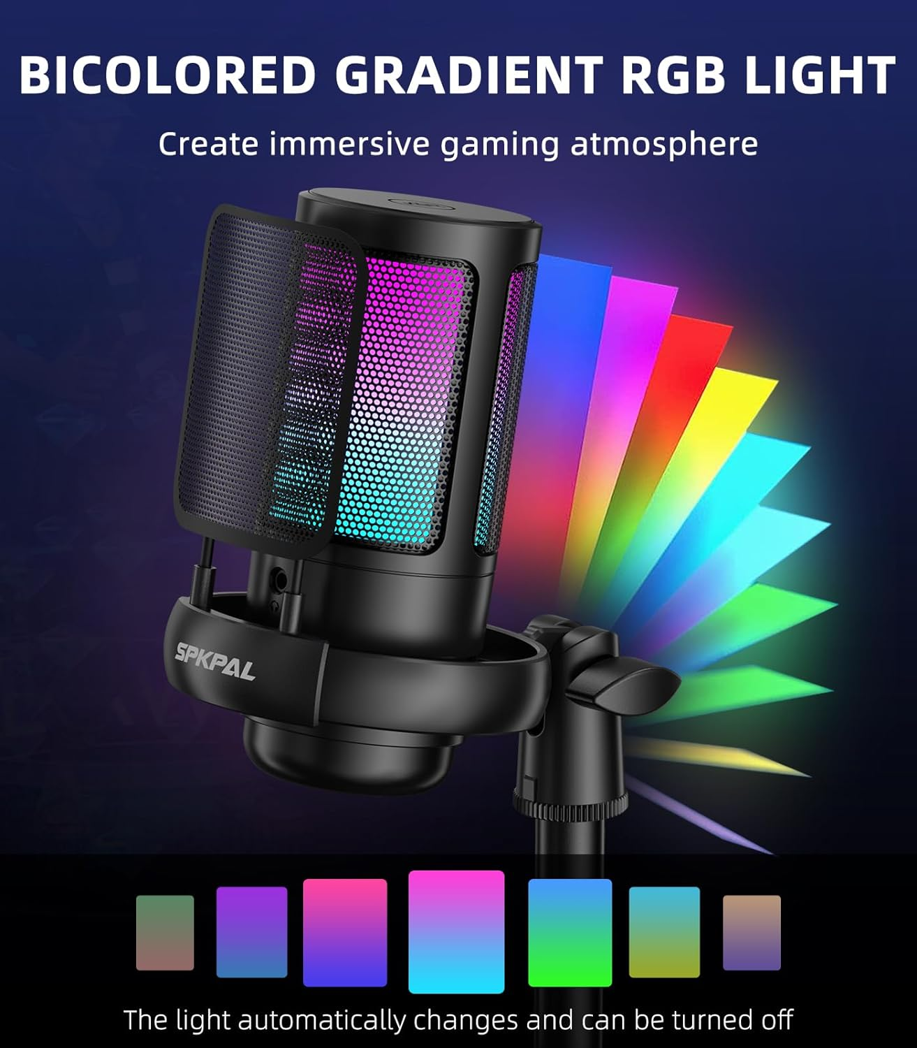 SPKPAL USB Microphone PC, RGB Gaming Mic with Mute Button, Condenser Microphone with Gain Knob & Monitoring Jack for Recording, Streaming, Podcasting image number 4