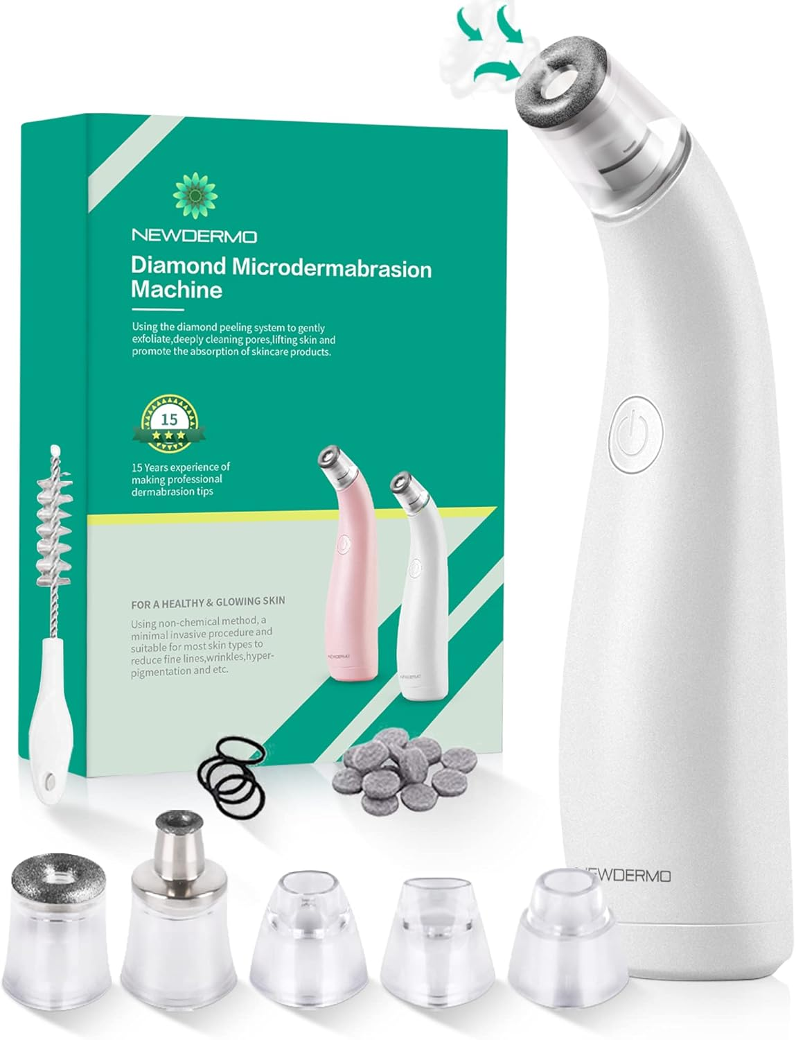 NEWDERMO 2-IN-1 Microdermabrasion Machine & Pore Vacuum Cleaner, 5 Tips & 5 Suction Diamond Microdermabrasion Device USB Rechargeable - Advanced Home Facial Skin Care Treatment Machine(Pure White)