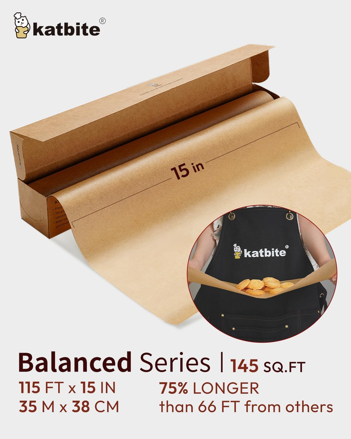 Katbite 15In X 115Ft, 145 Sq.Ft Parchment Paper Roll for Baking,Parchment Baking Paper with Serrated Cutter, Non-Stick Longer Unbleached Parchment Roll for Cooking, Air Fryer, Steaming, Bread image number 3