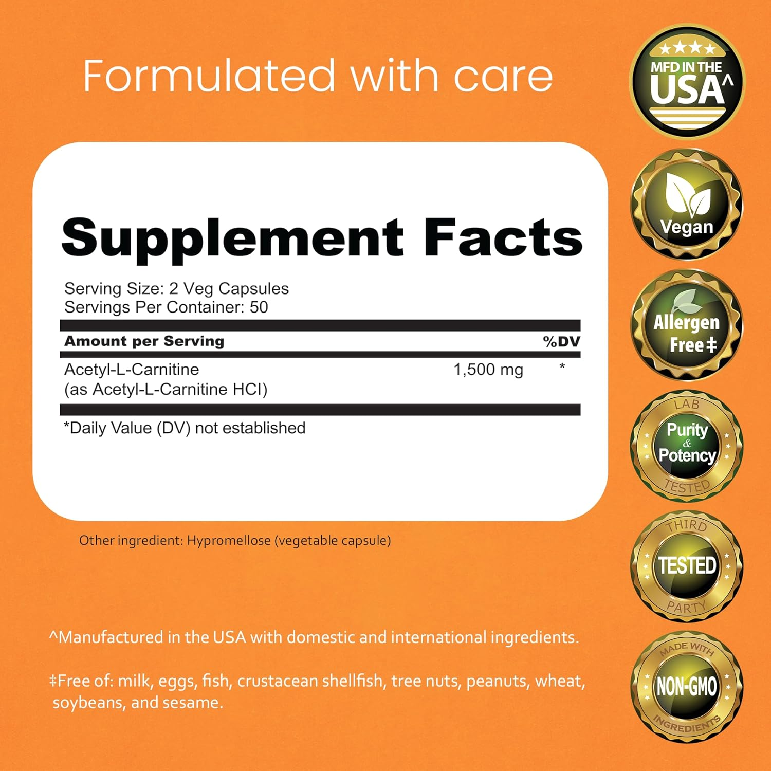 Acetyl L-Carnitine 1,500 Mg High Potency Supports Natural Energy Production, Supports Memory/Focus - 100 Veggie Capsules image number 5