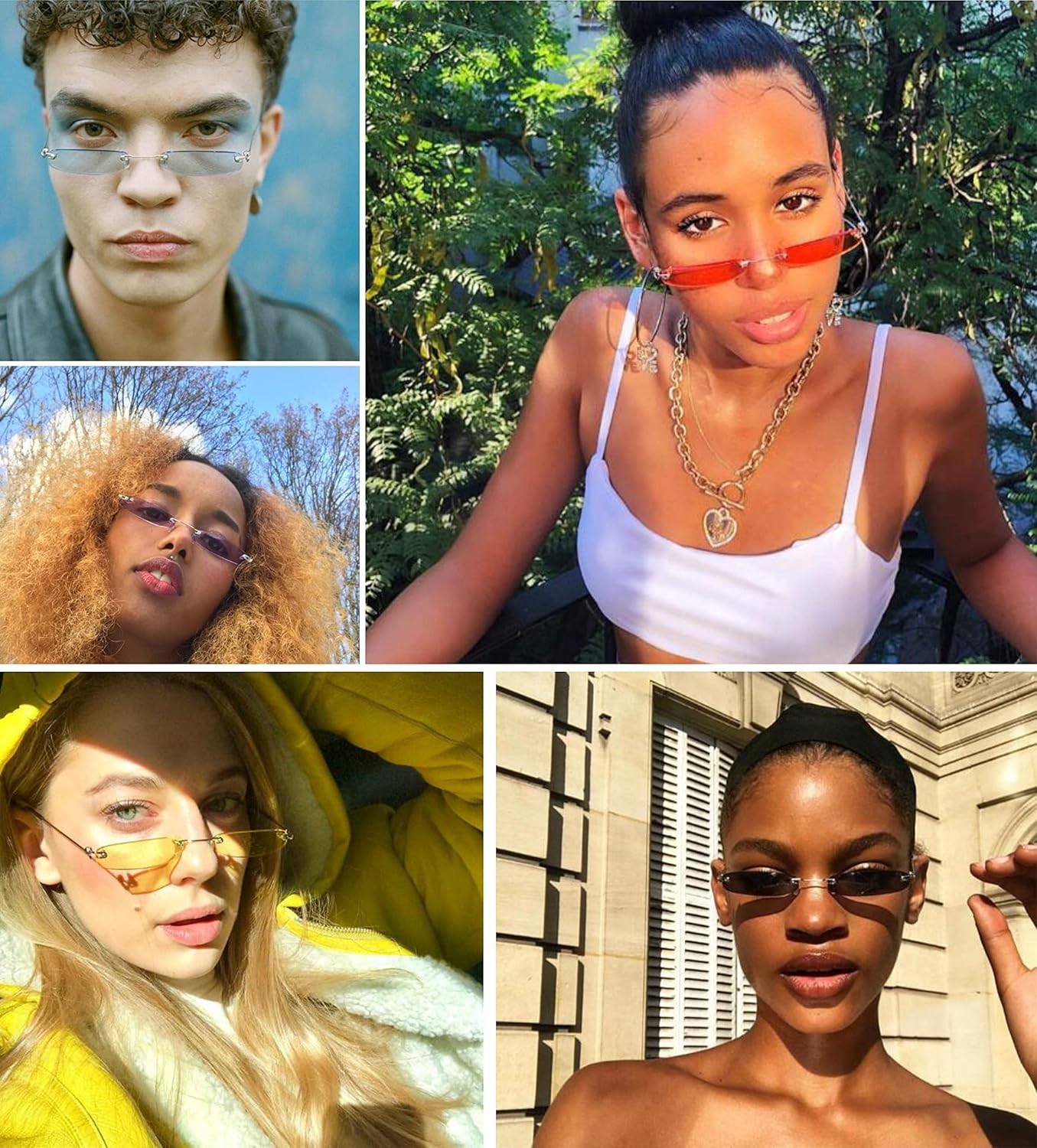 Retro Narrow Small Sunglasses Clear Colored Lens Fashion Rimless Rectangle Sunglasses image number 6