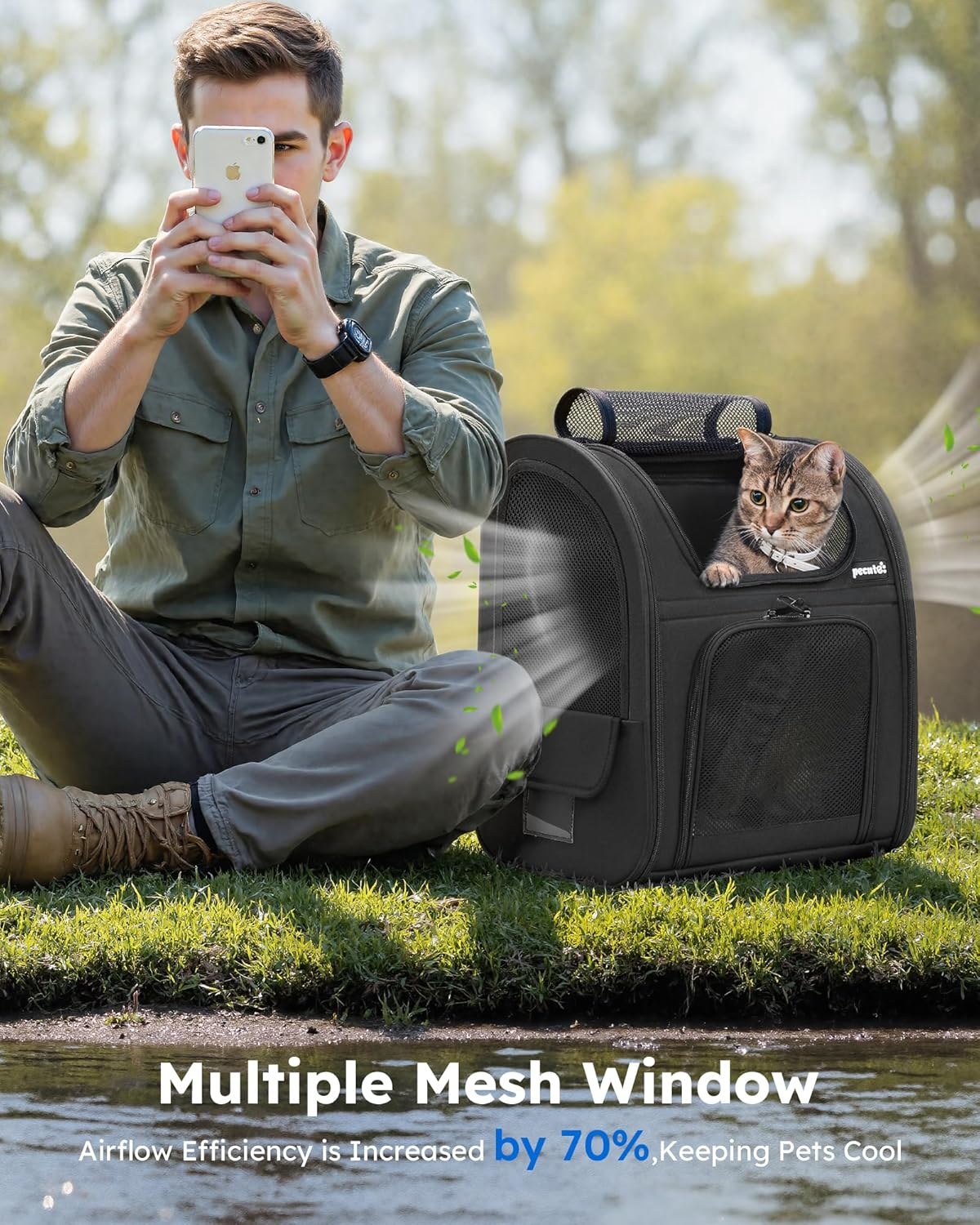Pecute Cat Backpack with Breathable Mesh, Dog Backpack Carrier with Multi-Pockets, Cat Carrier Backpack Comfortable, Cat Backpack Carrier for Travel Hiking and Camping Black image number 5