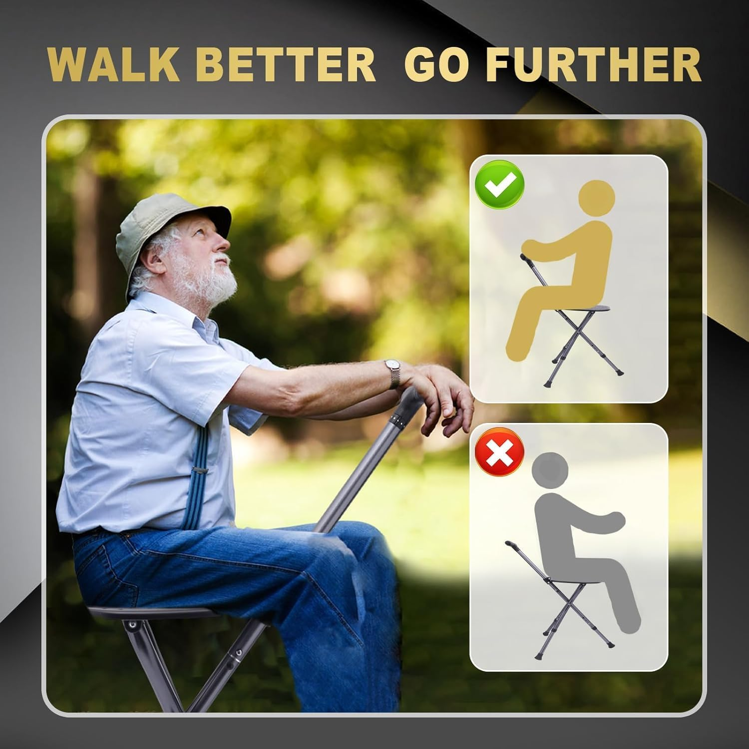 Cane with Seat Folding Walking Stick with Seat, Walking Cane with Chair, Foldable Chair, Crutches Stool for Camping, Hiking, Lightweight, Easy Carry, Anti-Slip (Black) image number 4