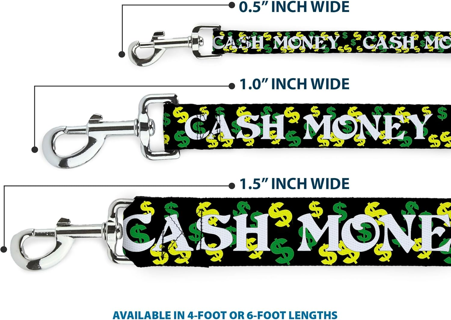 Dog Leash Cash Money Dollar Black White Yellow Green 6 Feet Long 0.5 Inch Wide image number 7
