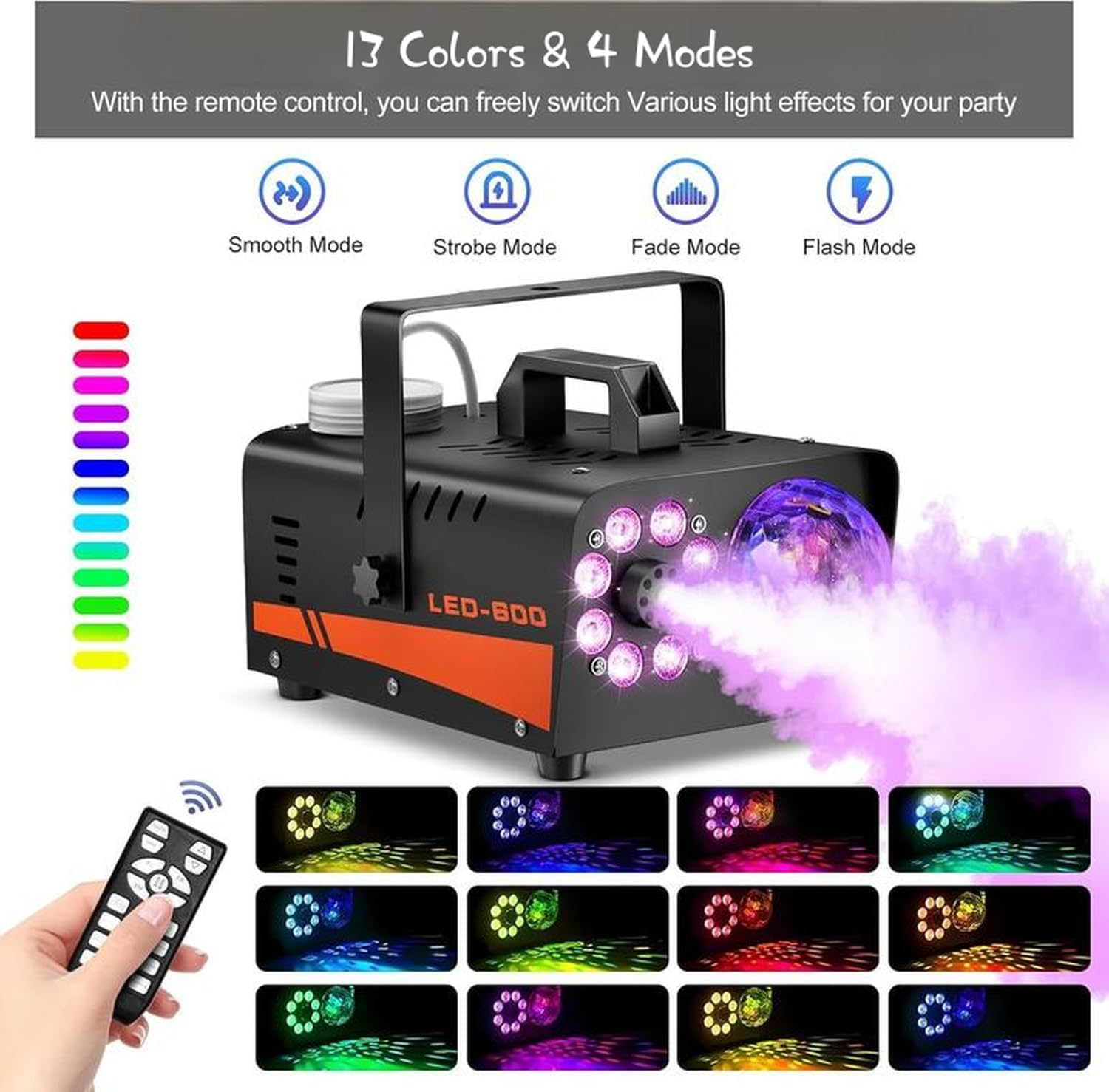 Smoke Machine, Fog Machine with Disco Ball Lights, 600W and 3000CFM with 13 Colorful LED Lights Effect, Wireless Remote Control, Suitable for Parties, Wedding, Halloween, and DJ Stage, Indoor image number 4