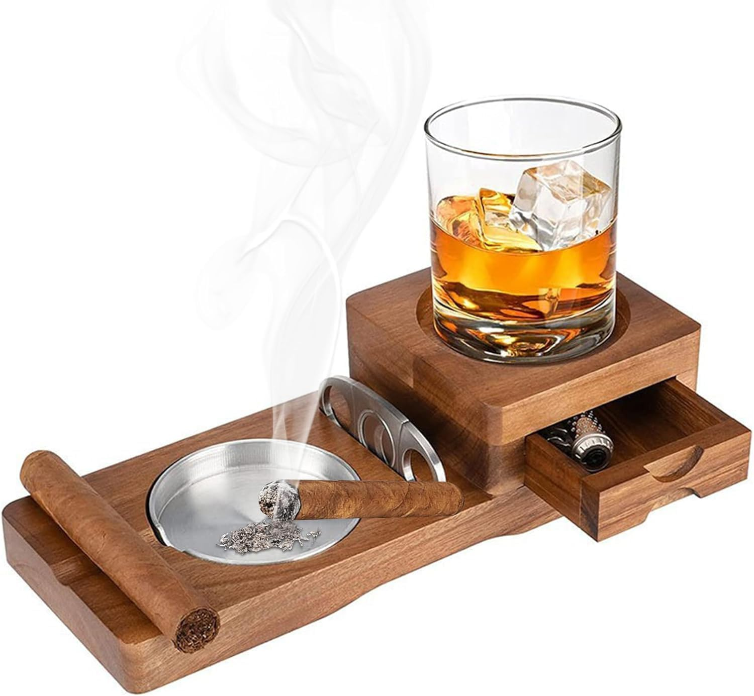Cigar Ashtray Set with Whiskey Glass Holder &ndash; Wooden Ashtray with Steel Channel, Removable Drawer & Cigar Cutter, Classic Wood & Aluminum Cigar Accessories for Home & Office image number 1