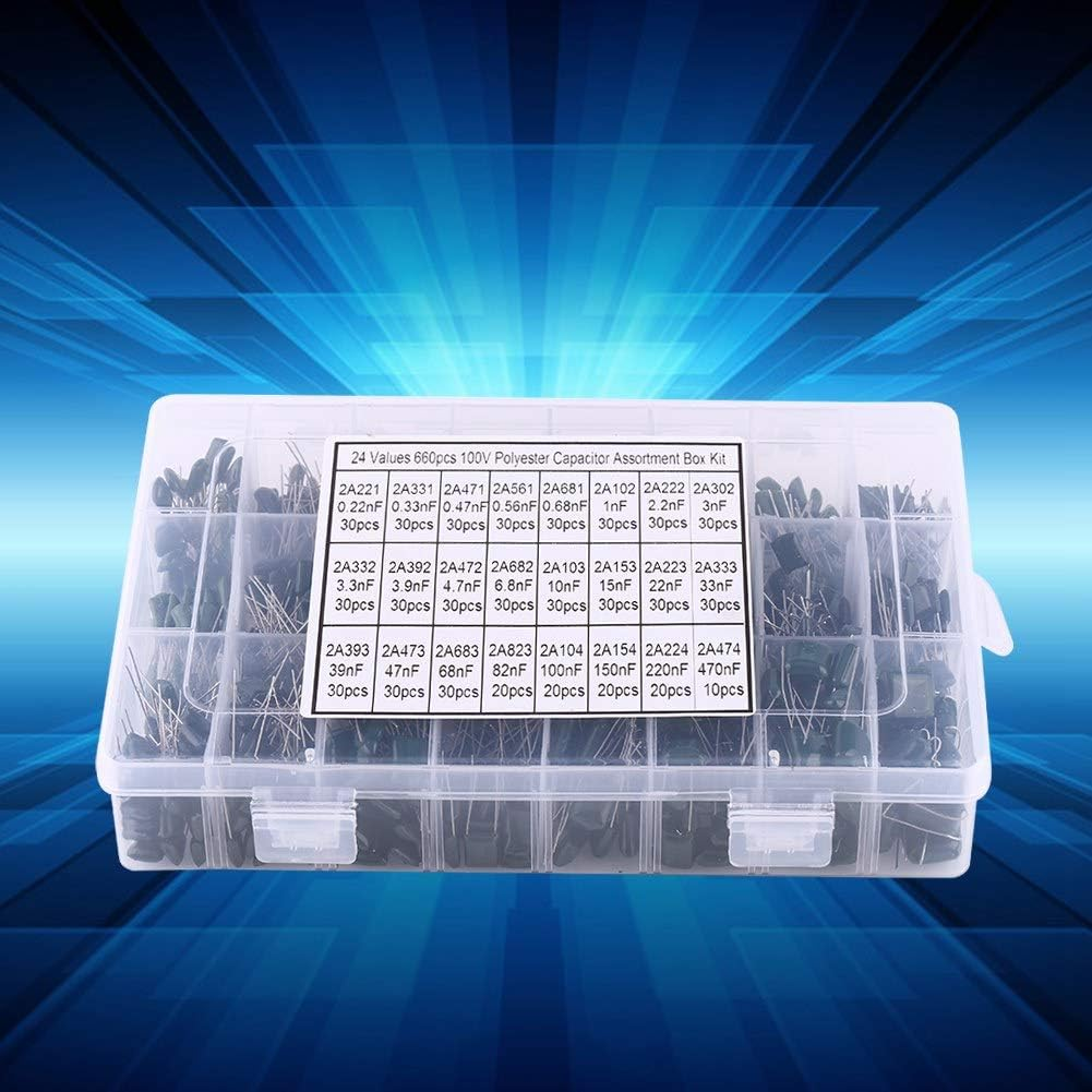 660Pcs 24Value Polyester Film Paper Capacitors Set, Great Assortment for Electronic Needs, Convenient Storage with Transparent Box, Easily Identify with Label image number 1