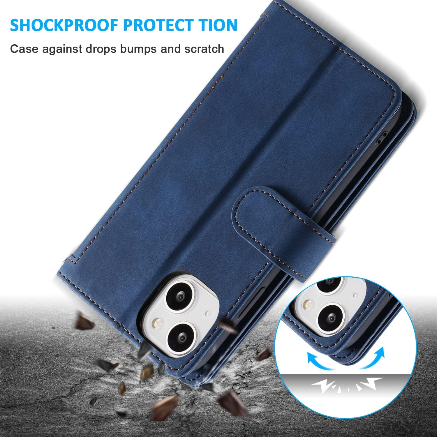 UEEBAI Wallet Case for Iphone 13, Retro 9 Card Holder Slots Zipper Pocket Handbag Case PU Leather Magnetic Closure Kickstand with Wrist Strap TPU Shockproof Flip Case - Blue image number 6