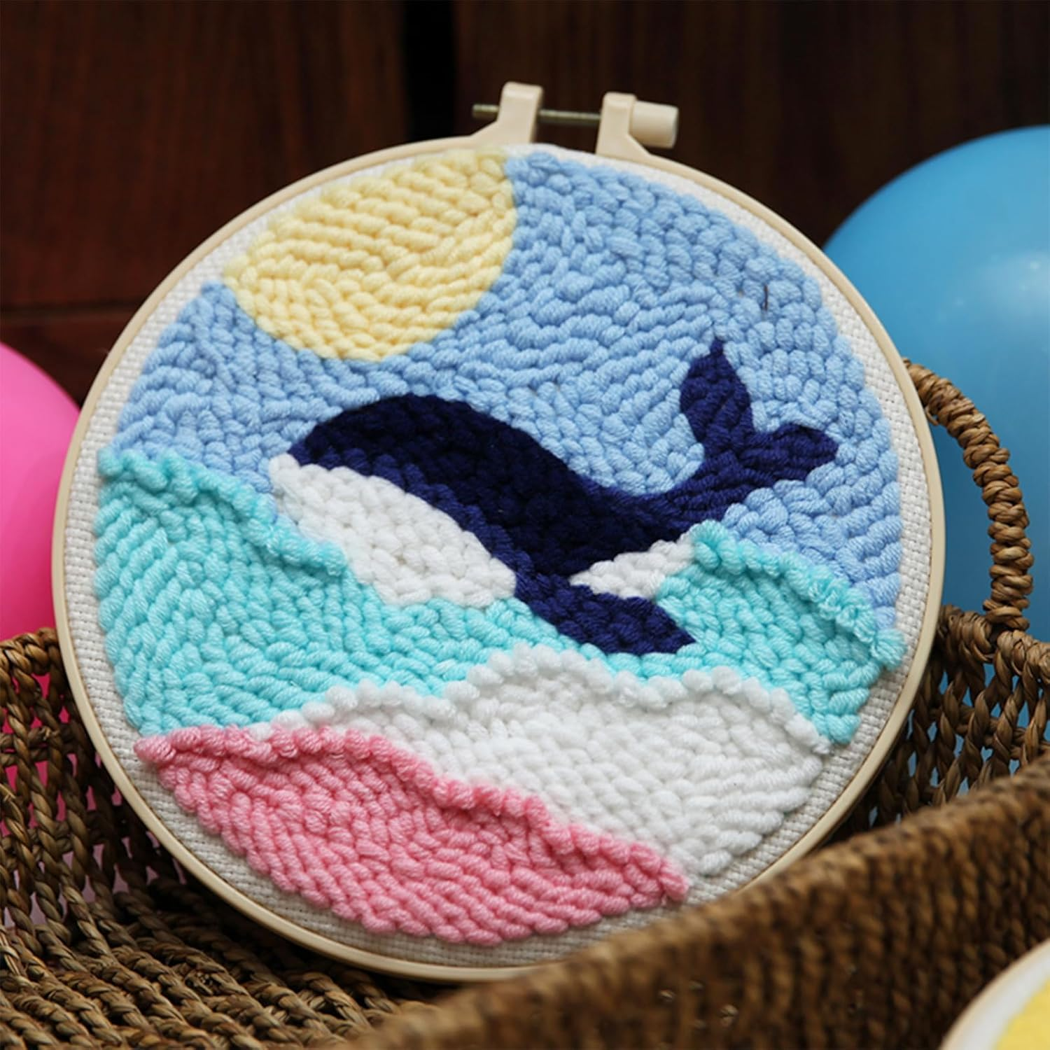 Punch Needle Kit with Whale Pattern Needle Punch Starter Kits for Beginners Handcraft DIY Embroidery Kit DIY Punch Craft for Kids Adults Craft Punch Hoop Kits With