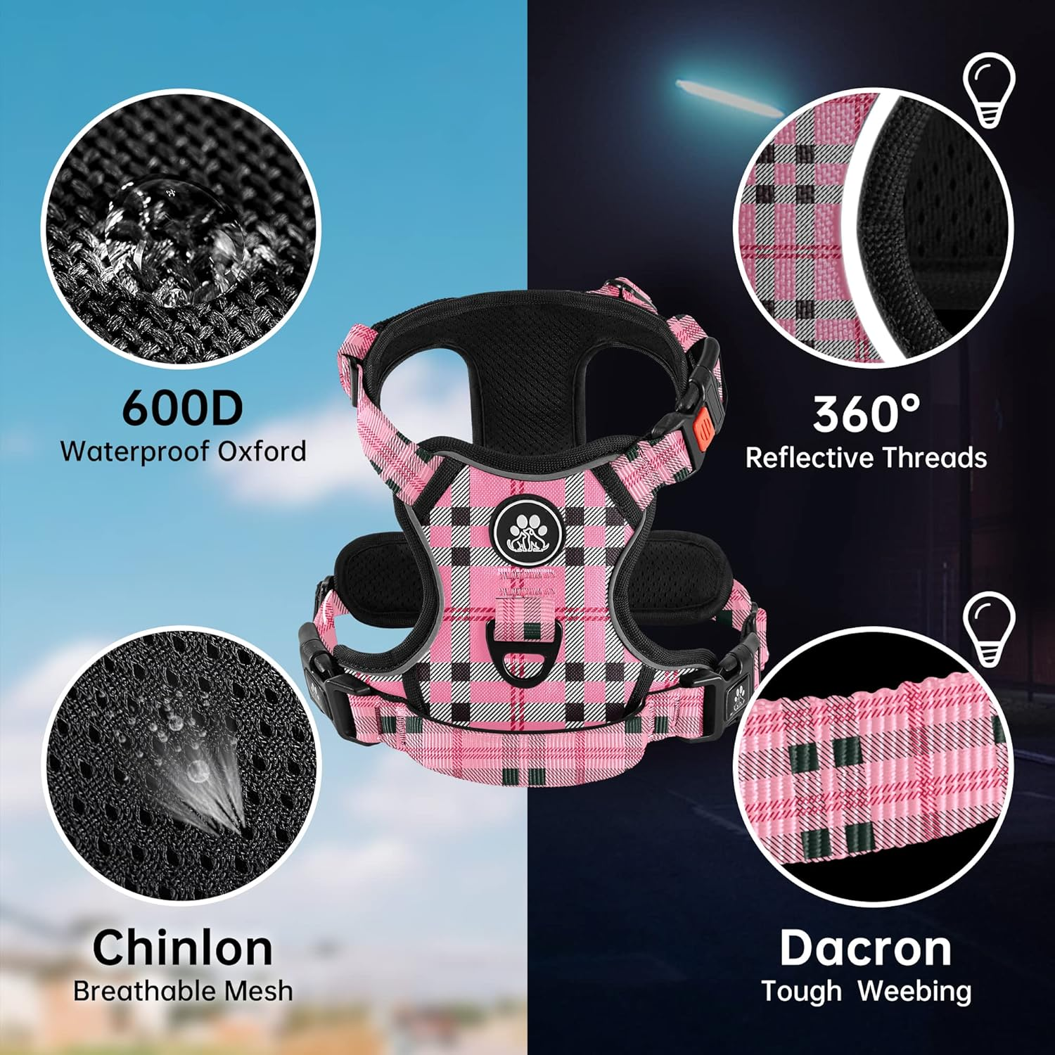 NESTROAD Pink Plaid Dog Vest Harness, No Pull Adjustable Harness and Lead Set for Large Dogs, Size XL of Neck 17~25" Chest 21~35", anti Pull Escape Proof Dog Lifting Harness with Seat Belt for Car image number 6