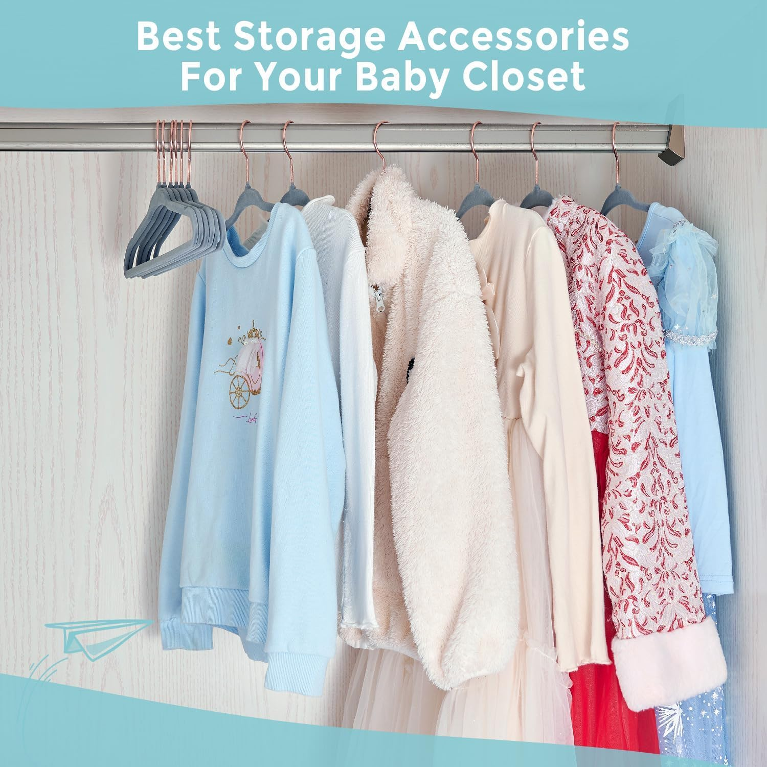 30CM Kids Velvet Hangers 50 Pack - Ultra Durable Non Slip Felt Hanger for Big Kids/Youth/Teens- Slim Space-Saving Children'S Closet Hangers for Heavy Clothes with 10 Hanger Clips - Beige (White) - Black image number 6