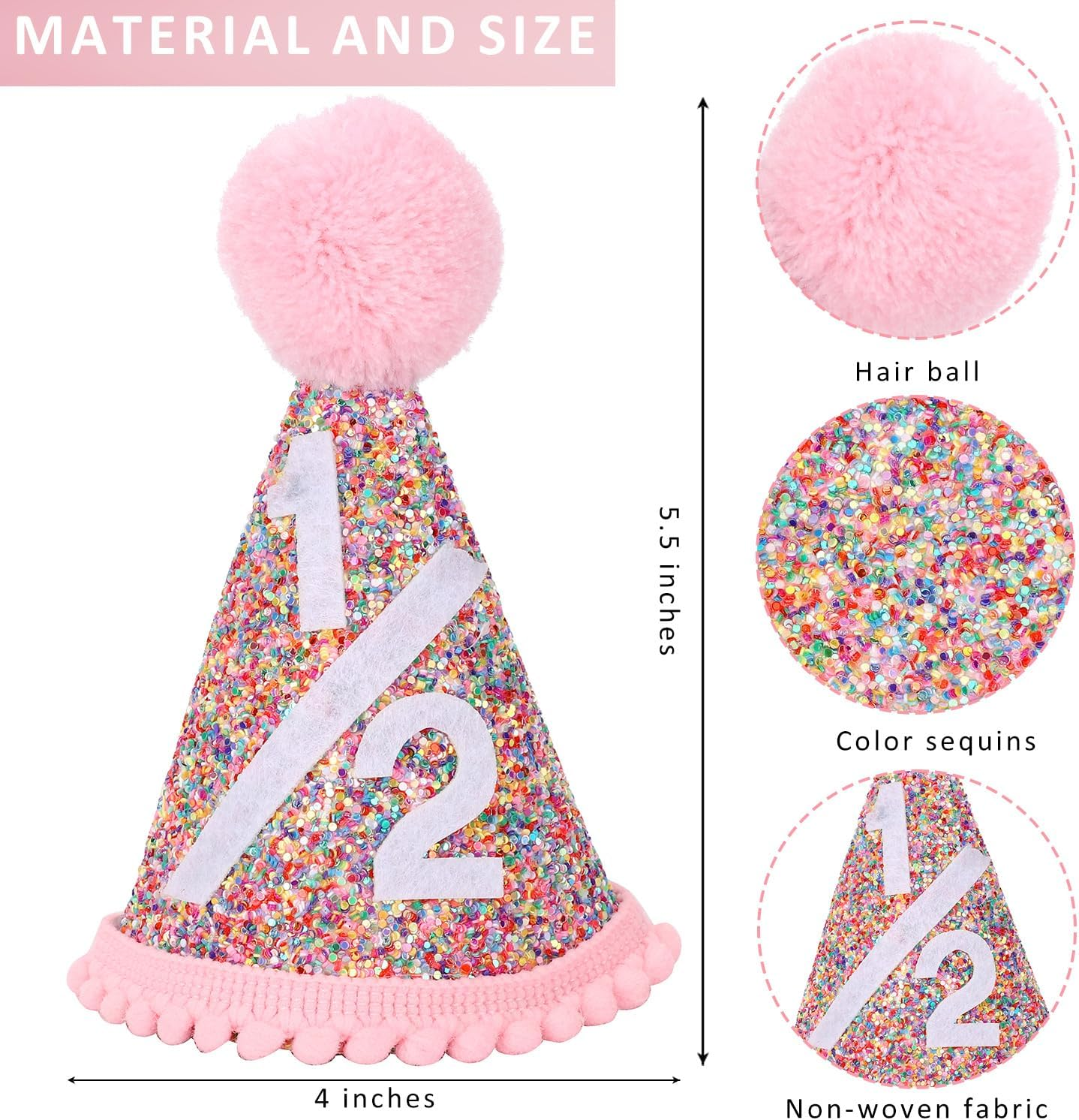 Eoopoon Rainbow Cone Birthday Hat, Glitter Birthday Hat, Perfect Birthday Party Decoration for Boys and Girls - First Cone Hat image number 3