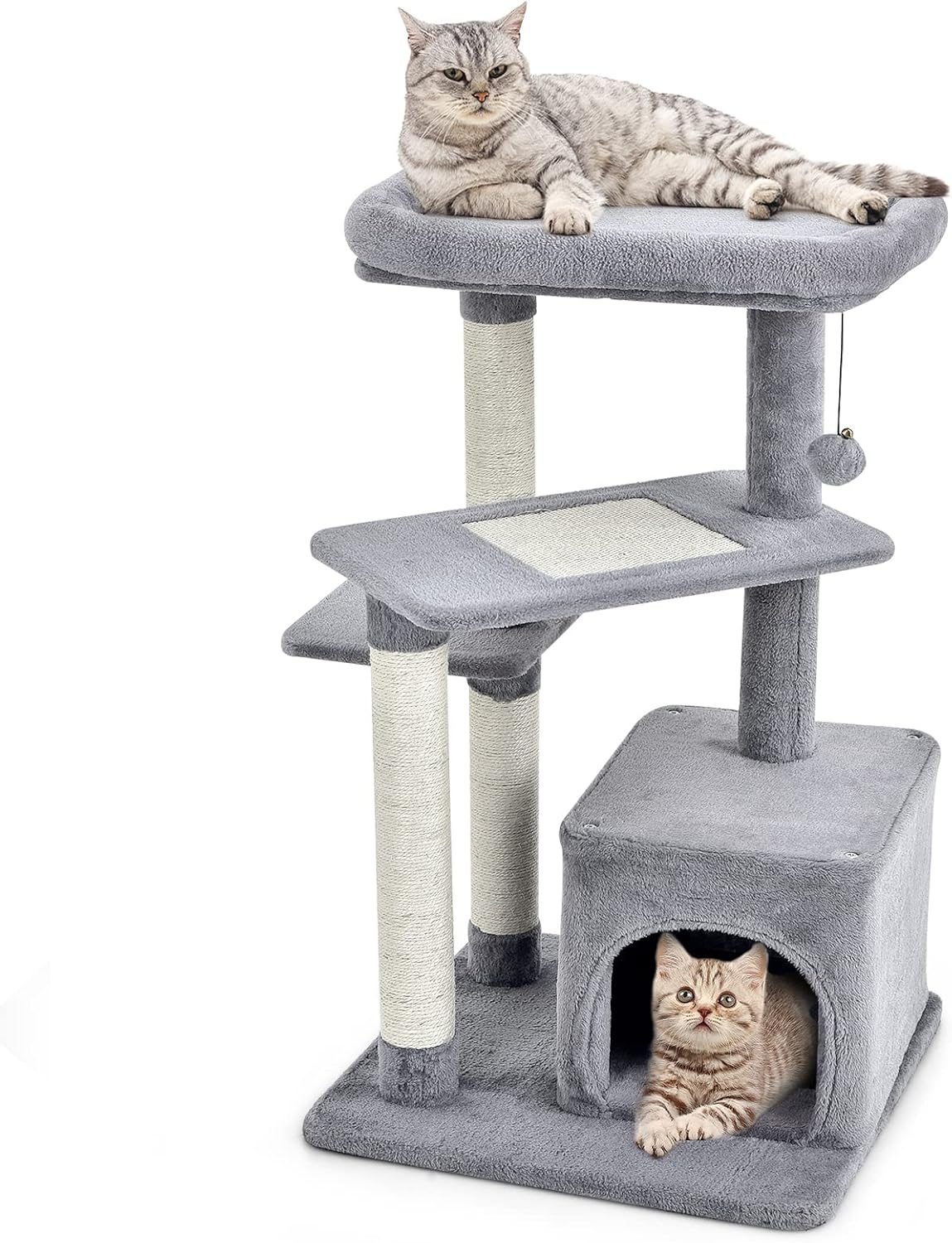 Costway Indoor Plush Cat Tree, Multilevel Cat Tower Condo with Flock, Hanging Toy, Scratching Sisal Posts, Cozy Perch, 4-Tier Cat Climbing Activity Center with Private Condo for Home and Office image number 6