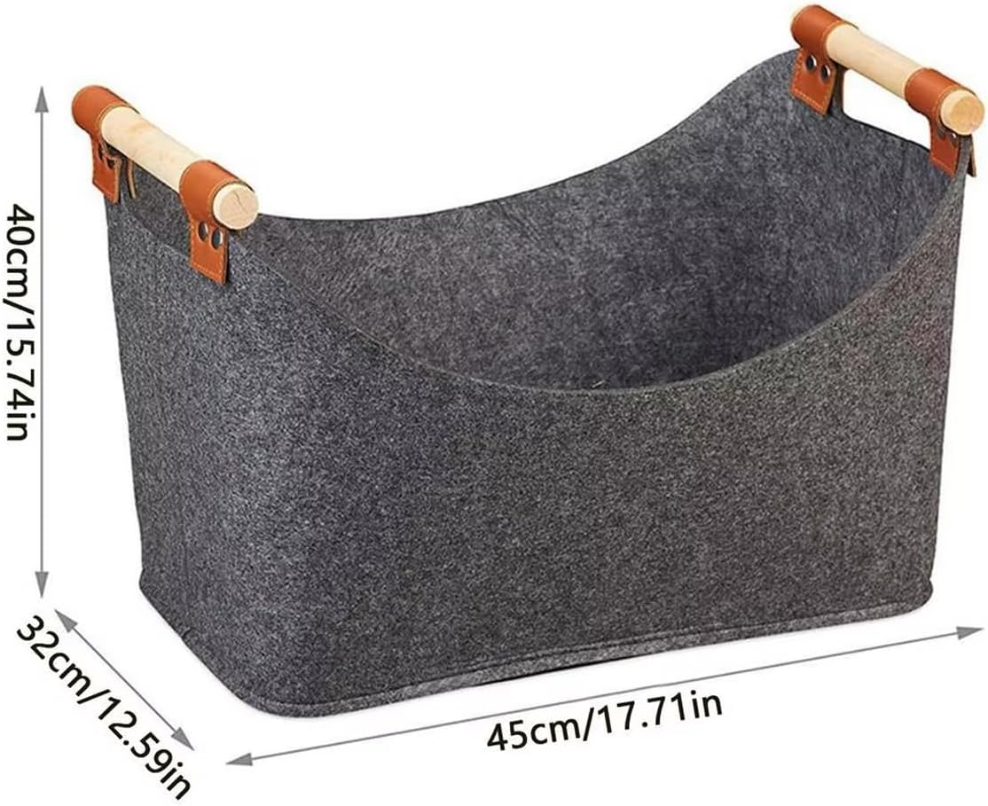 AIMALL Felt Firewood Basket with Wooden Handles, 17.71 X 15.74 X 12.59 Inch Felt Storage Bag, Durable Handbag for Firewood, Toys, and Blanket Organisation
