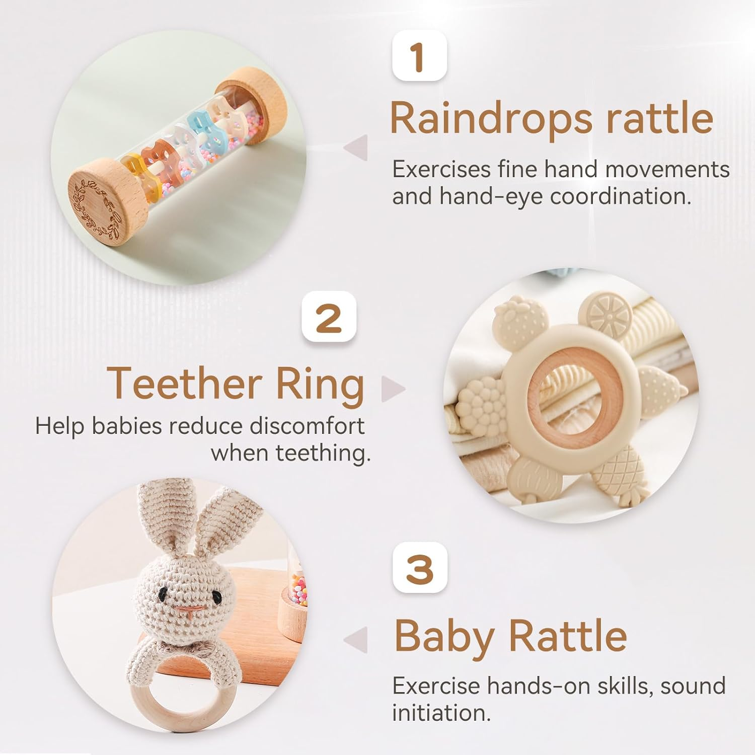 IEATFO Wooden Baby Rattle Set (3Pcs) - Crochet Rattle Rain Stick Toys, Wooden Montessori Toy for Newborn Infant Baby Rattles Set Toys 3-6-12 Months (Bunny) image number 6
