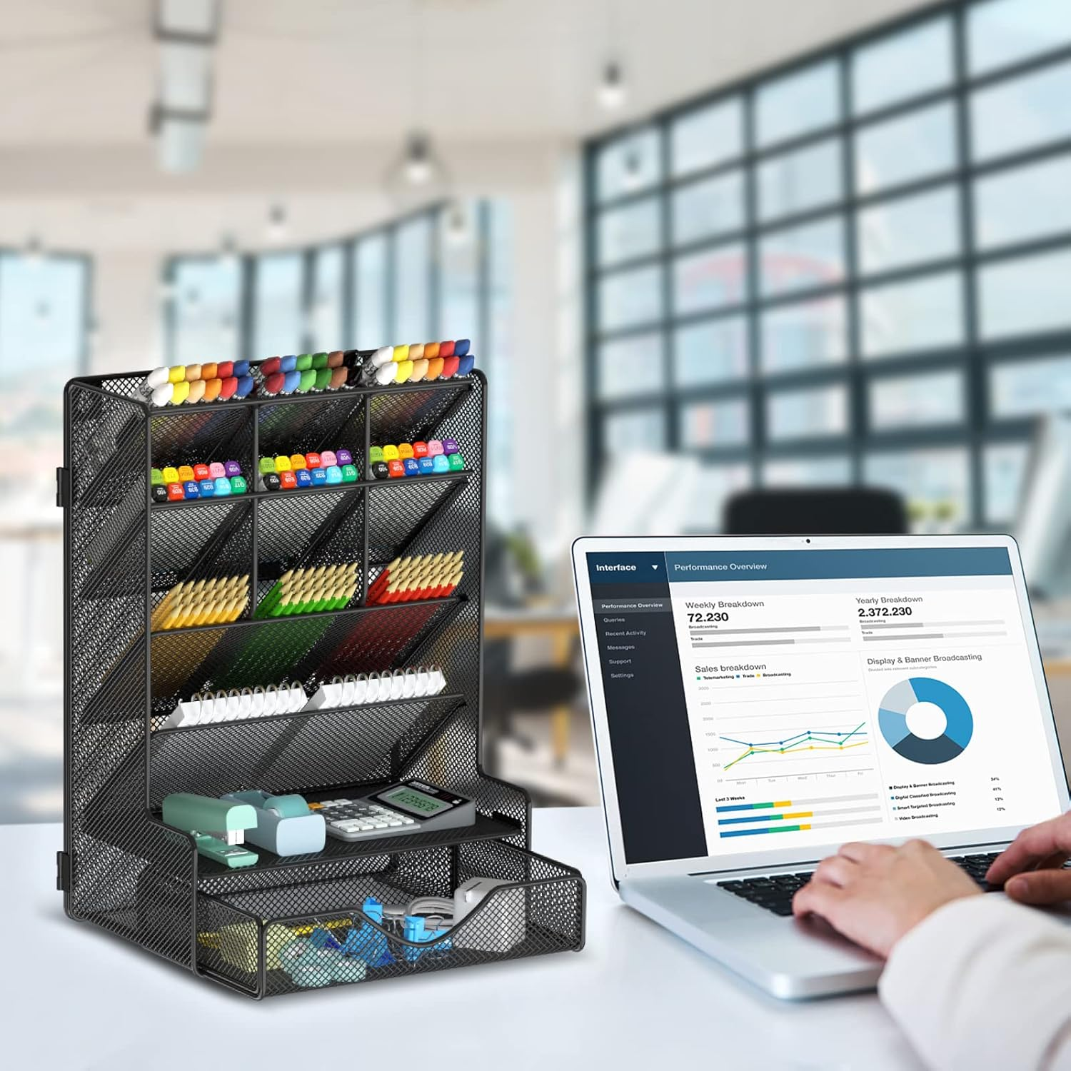 Pen Organizer for Desk, Multi-Functional Desk Organizer, Wall Mount Pen Holder with Drawer for School, Office, Home, Art Supplies, Black image number 1