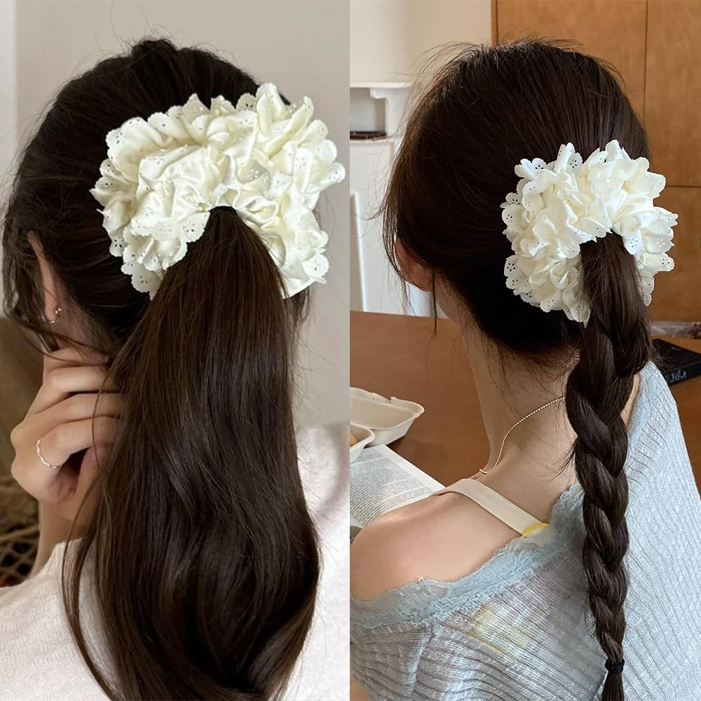 Lace Cut Satin Scrunchie, White, Hair Elastic, Gentle on Hair, High Elastic, Stylish, Adult, Women, Hair Accessories, image number 4