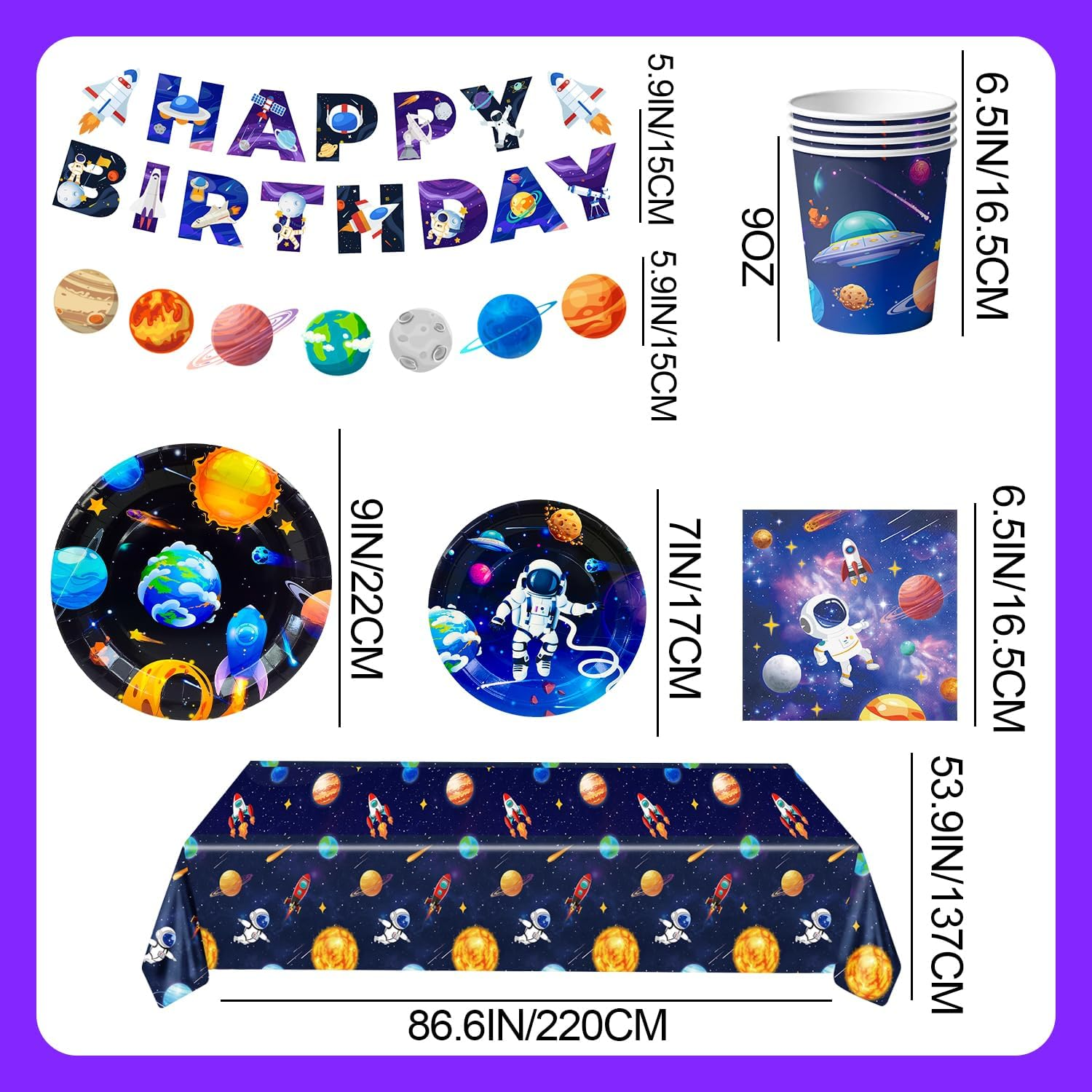 Space Theme Tableware, 24 Guests Outer Space Birthday Party Supplies - Party Plates Napkins Tablecloth Garland Etc Tableware for Birthday Decorations image number 5
