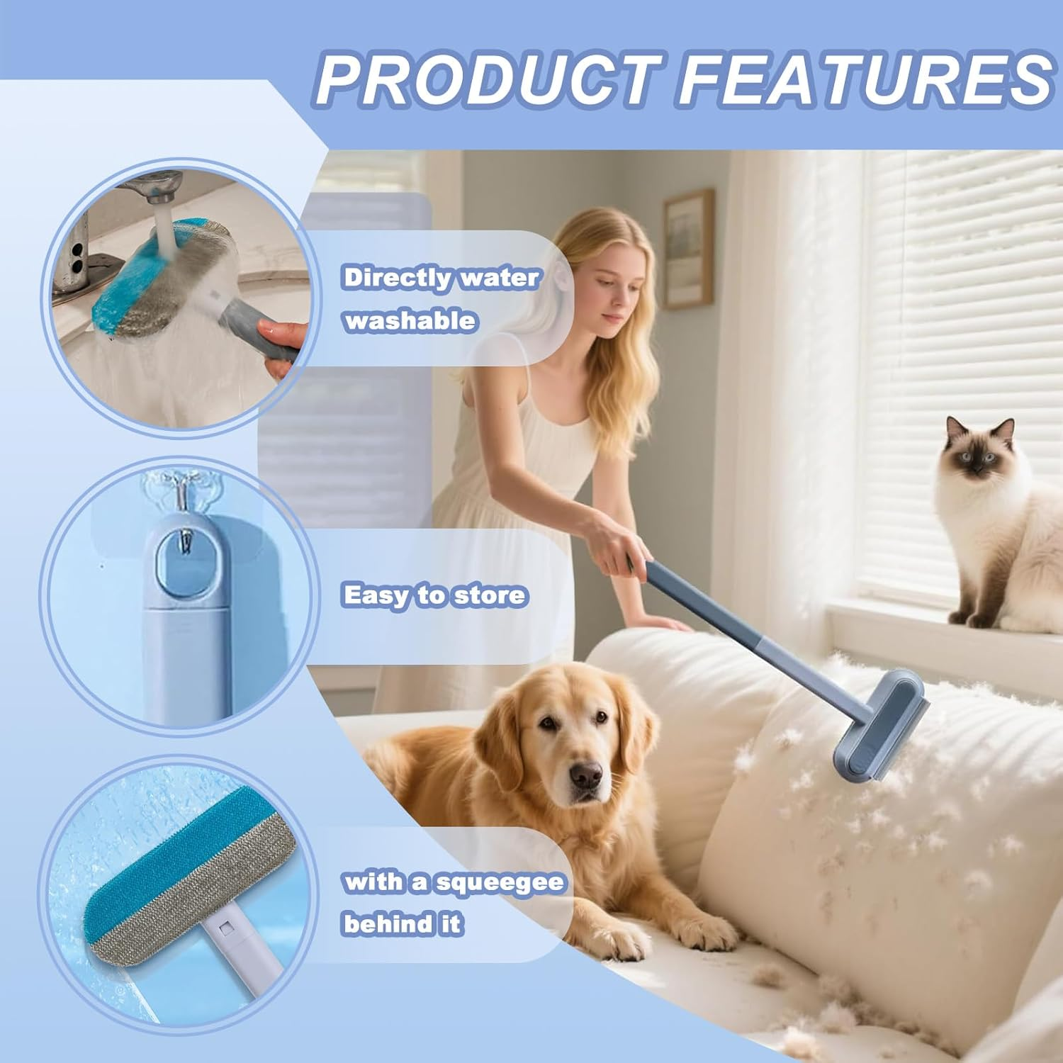 Pet Hair Remover 4 in 1 Reusable Pet Hair Removal Tool with Extended Handle for Carpet Furniture Car Glass Efficient Electrostatic Dog Cat Brush for Sofa Car Seat Carpet Cleaning image number 1