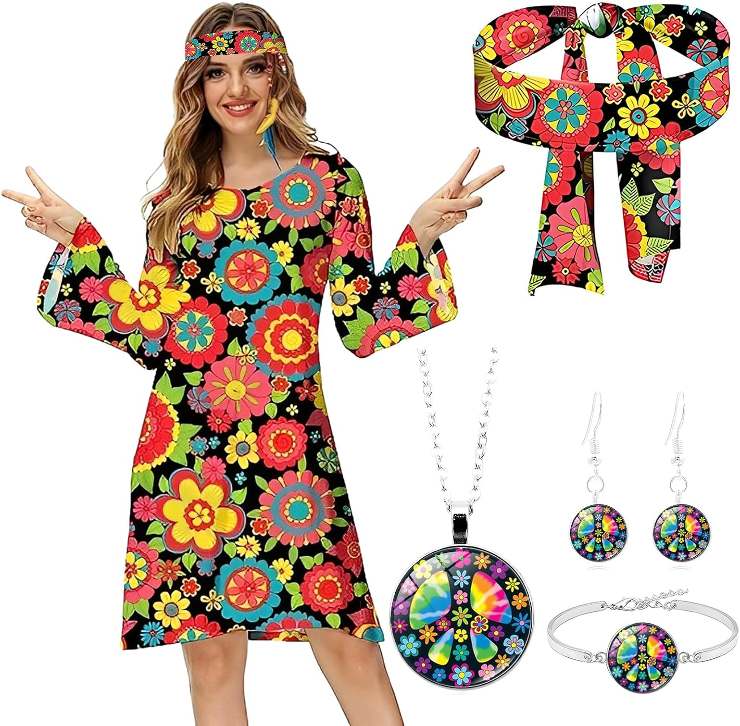 Hippie Costume Women 70S 80S Costume Women 8 PCS Hippie Costume Set 70S Disco Costume Women Fancy Dress Cosplay Carnival Party