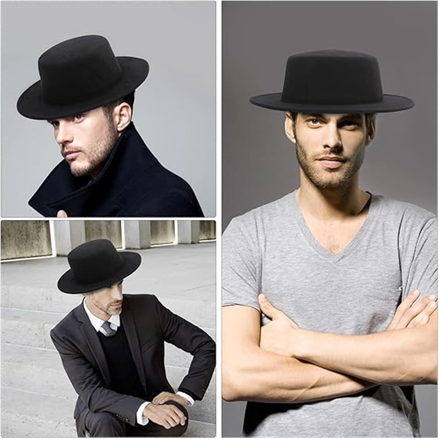Classic Black Wool Blend Fedora Hat &ndash; Wide Flat Brim Pork Pie Style Elegant Black Fedora Hats for Men & Women Ideal for Weddings Parties Performances & Everyday Outfits image number 1